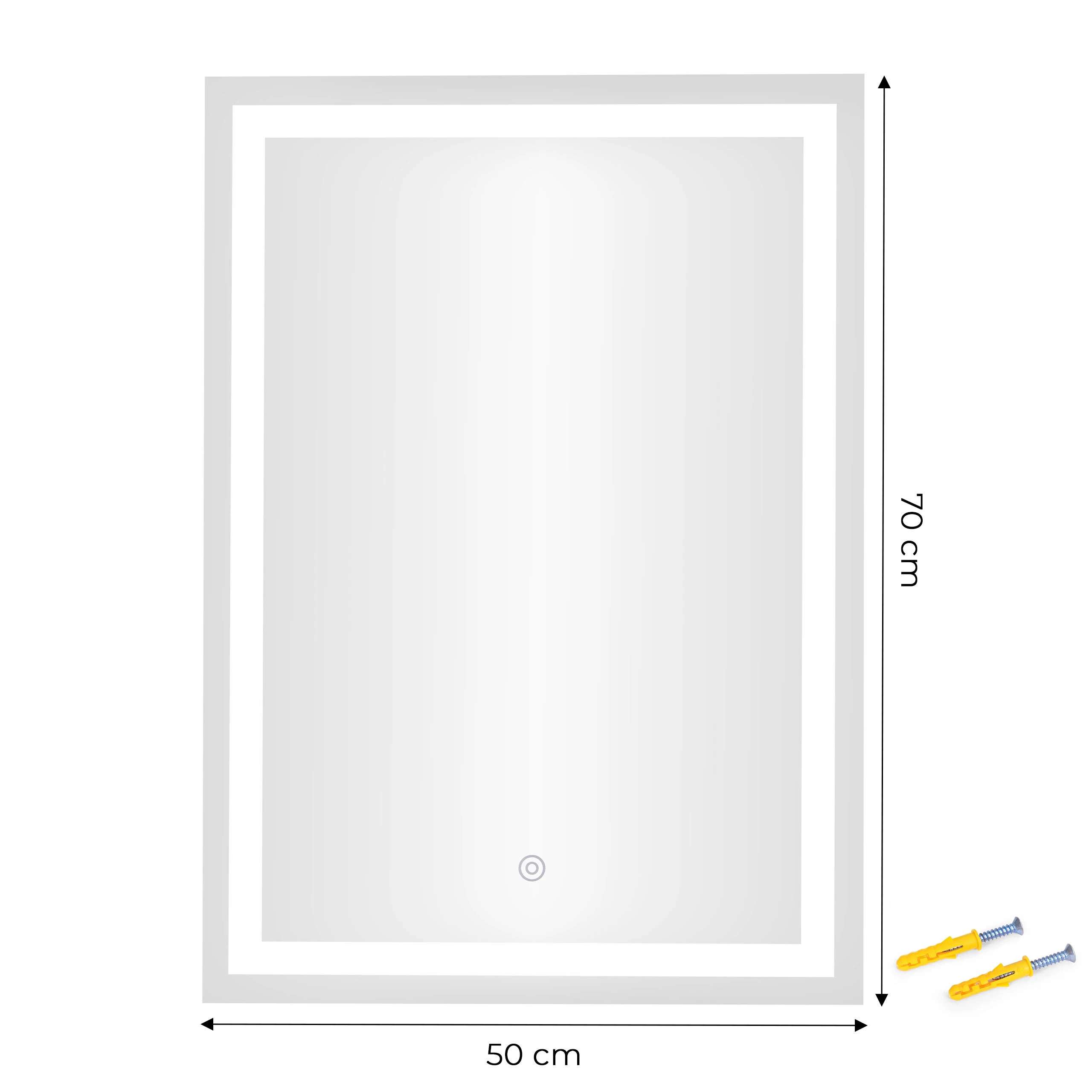 LED vonios veidrodis, montuojamas ant sienos, 50×70 cm, 3 spalvų, jutiklinis jungiklis, ModernHome aprašymas - Prekės nuotrauka