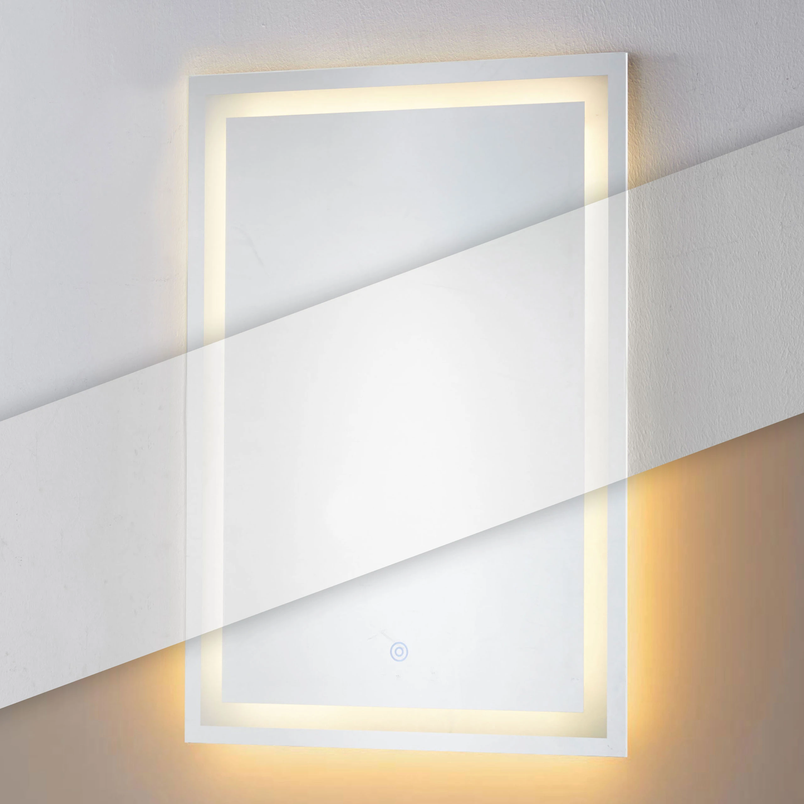 LED vonios veidrodis, montuojamas ant sienos, 50×70 cm, 3 spalvų, jutiklinis jungiklis, ModernHome aprašymas - Prekės nuotrauka