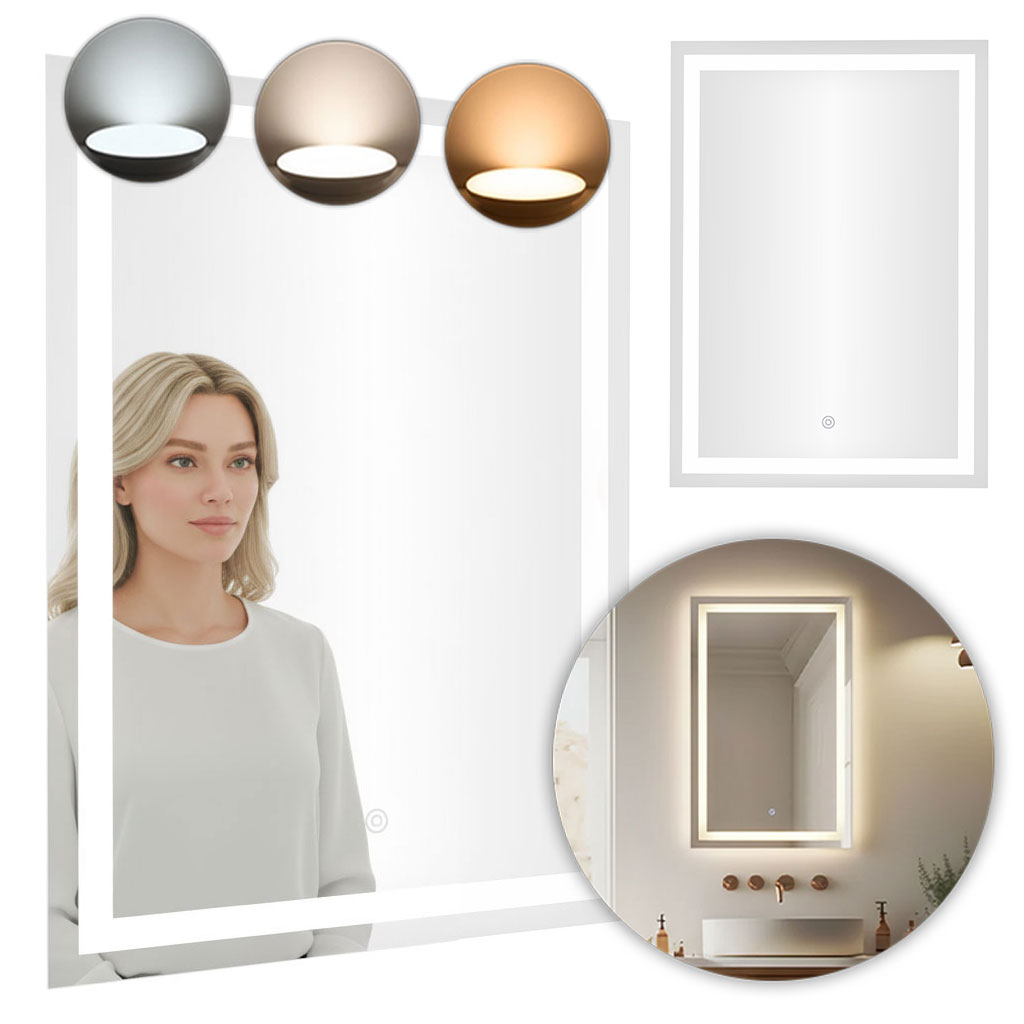 LED vonios veidrodis, montuojamas prie sienos, 50×70 cm, 3 spalvų, jutiklinis jungiklis, ModernHome aprašymas - Prekės nuotrauka