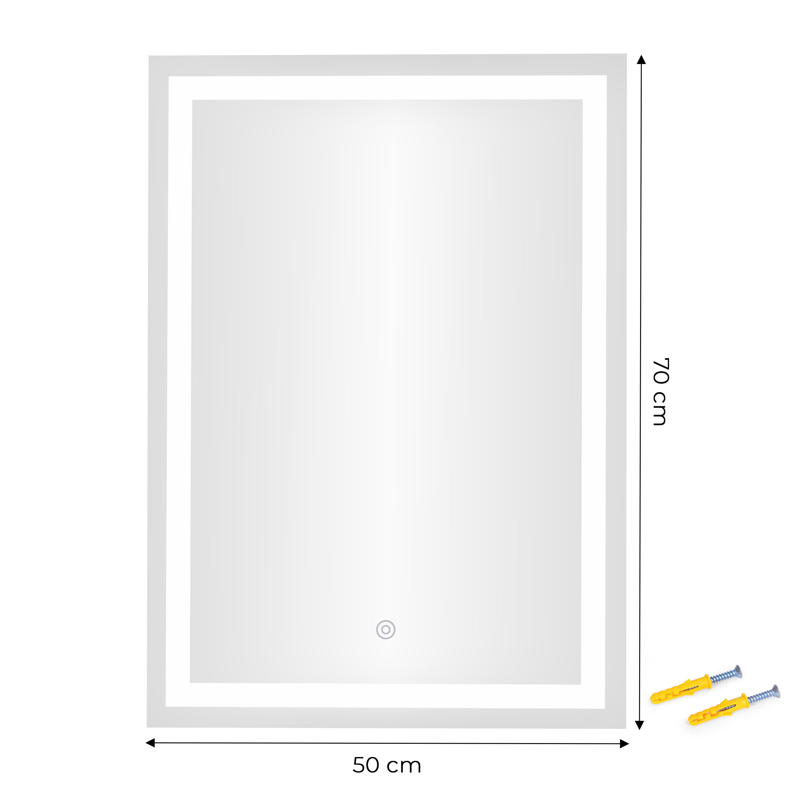 LED vonios veidrodis, montuojamas prie sienos, 50×70 cm, 3 spalvų, jutiklinis jungiklis, ModernHome aprašymas - Prekės nuotrauka