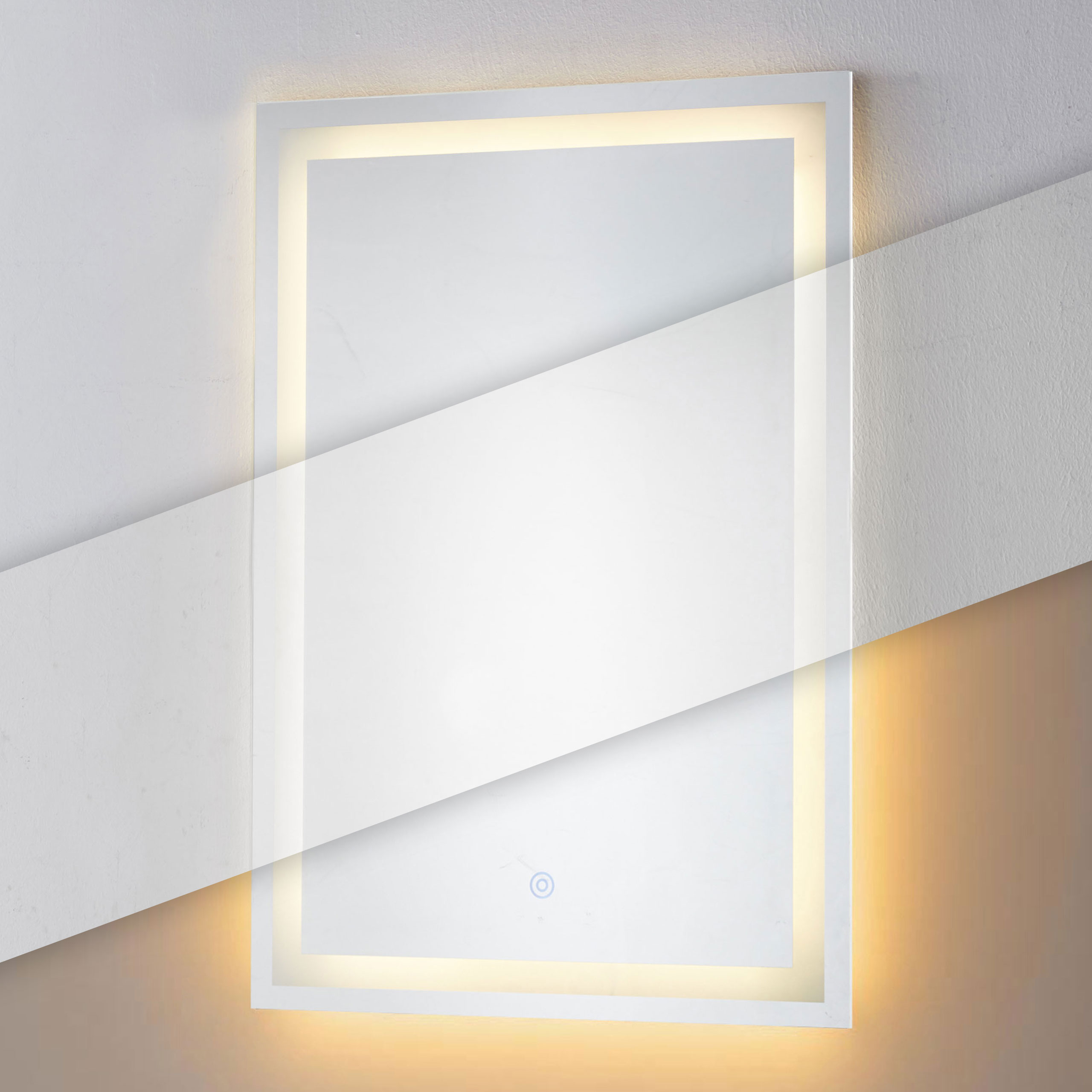 LED vonios veidrodis, montuojamas prie sienos, 50×70 cm, 3 spalvų, jutiklinis jungiklis, ModernHome aprašymas - Prekės nuotrauka
