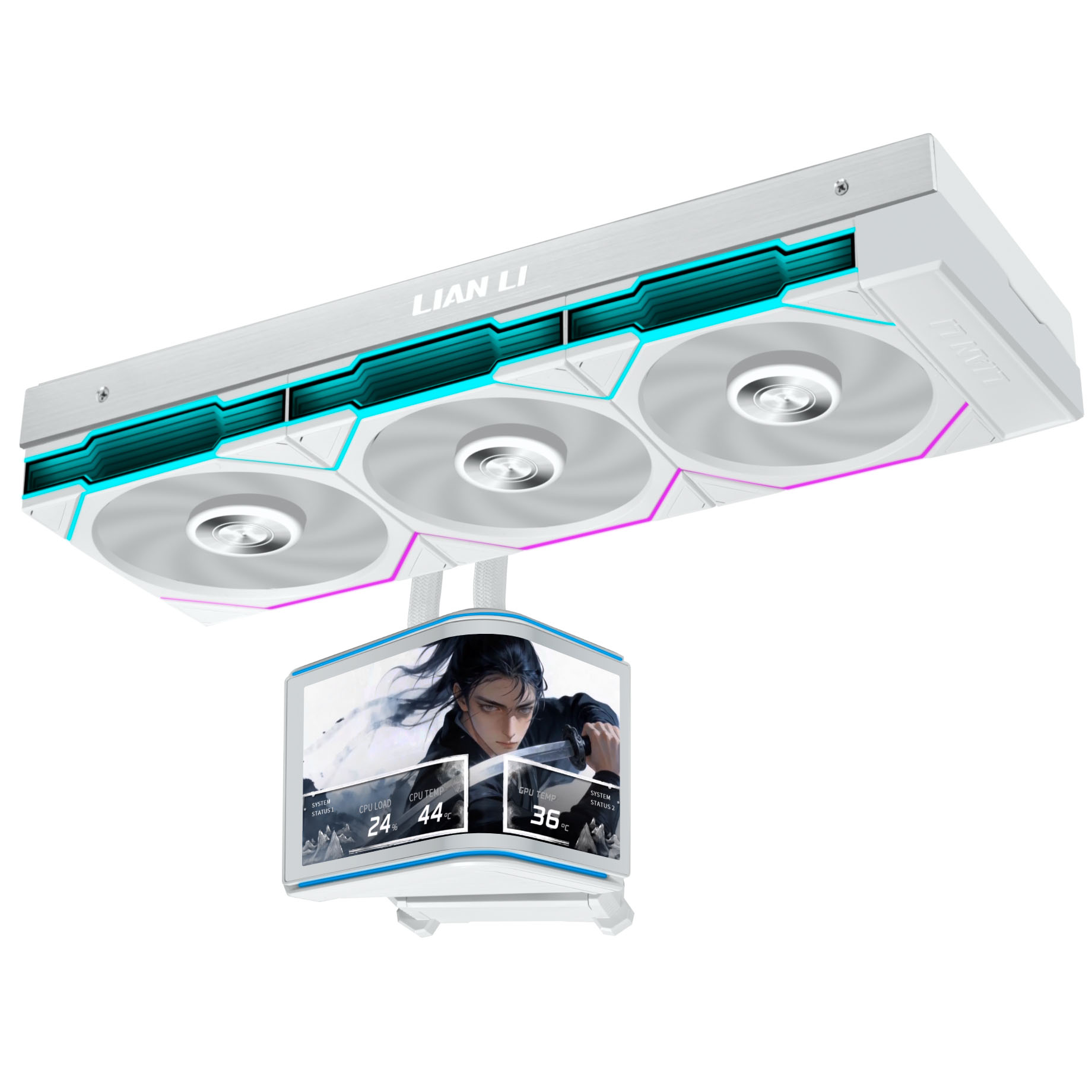 Lian Li HydroShift II OLED Curved 360 UNI FAN TL AiO Vanduo Cooling, 360 mm, OLED Ekranas, TL-FLEX Fans – Baltas aprašymas - Prekės nuotrauka