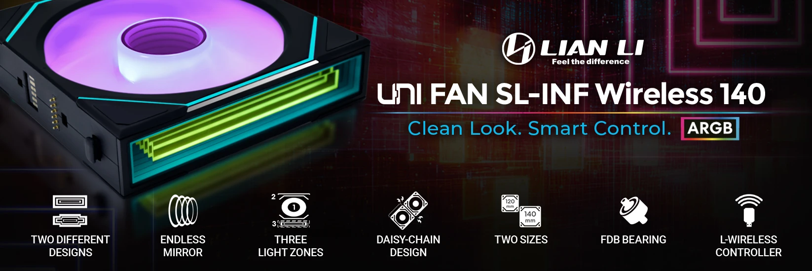 Lian Li UNI FAN SL-INF Wireless Fan, ARGB, PWM – 140mm, juodas aprašymas - Prekės nuotrauka