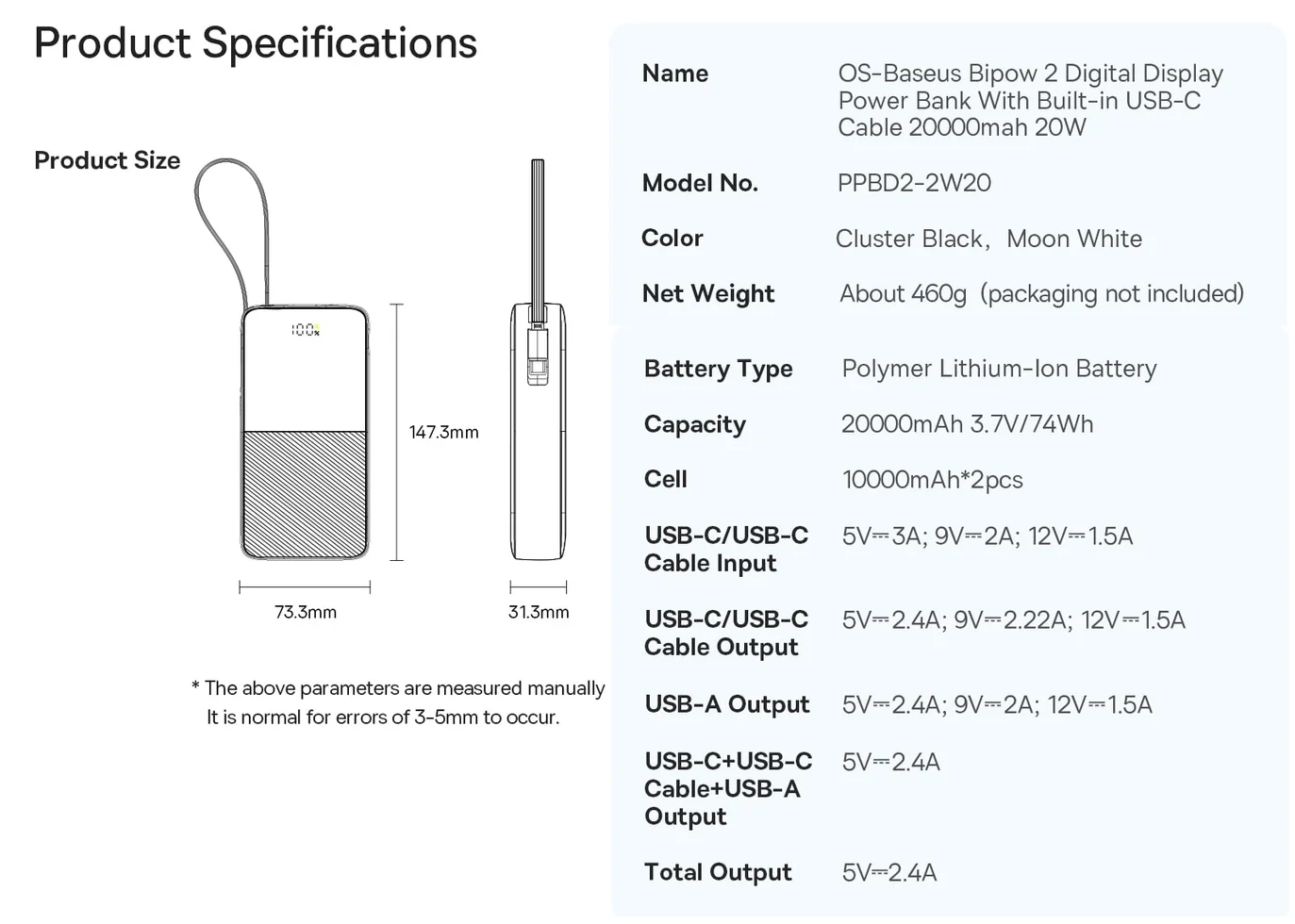 LiPo išorinis akumuliatorius (Powerbank) 20000mAh 20W, su įmontuotu USB-C kabeliu, USB-A, USB-C Bipow2 Juodas BASEUS aprašymas - Prekės nuotrauka