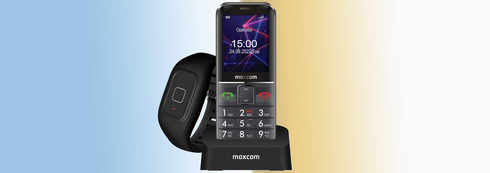 Maxcom Comfort MM735 with charging station + SOS wristband juodos spalvos aprašymas - Prekės nuotrauka