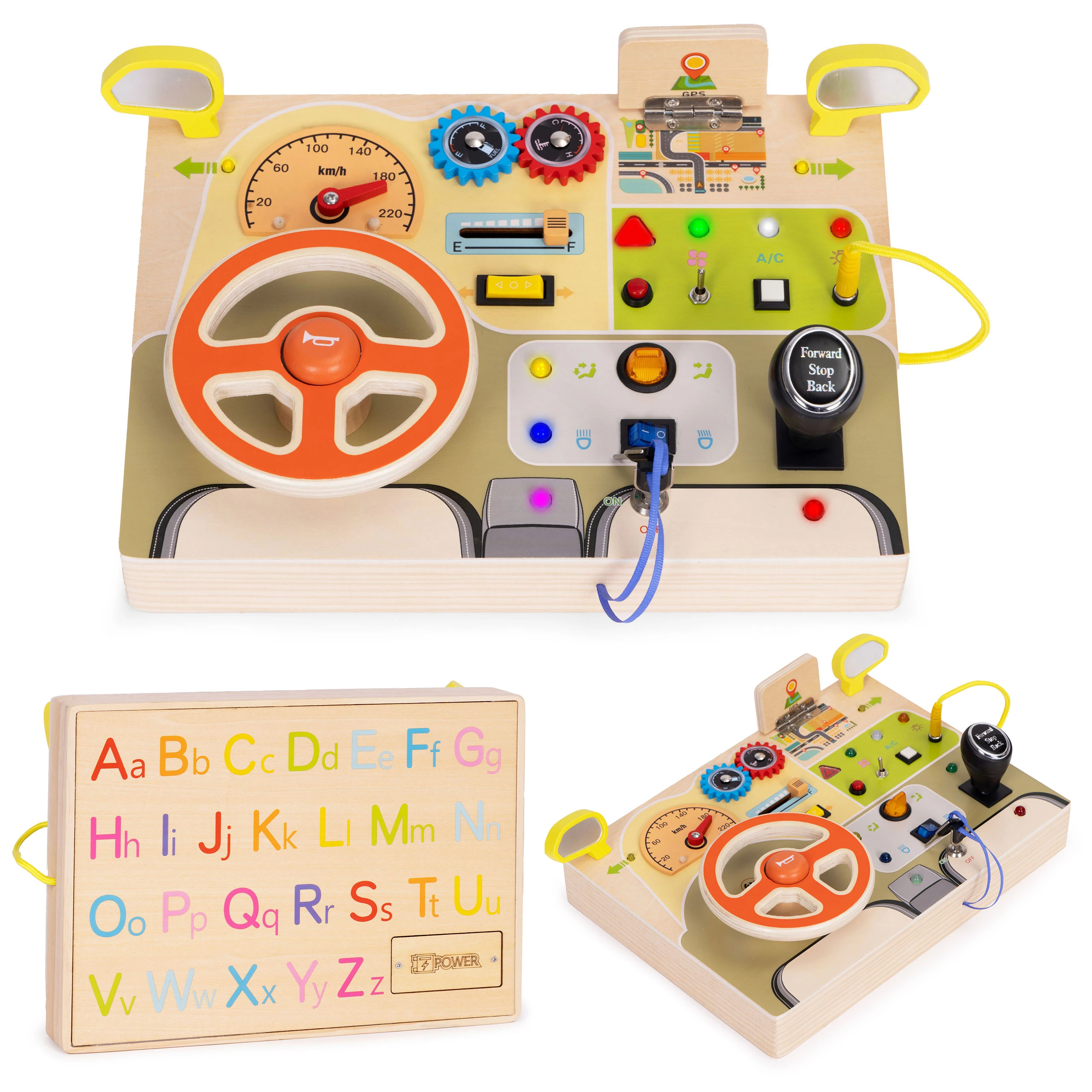 Ecotoys Medinė LED sensorinė lavinamoji lenta vaikams, edukacinis skydelis su automobilio vairu, 14 dalių aprašymas - Prekės nuotrauka