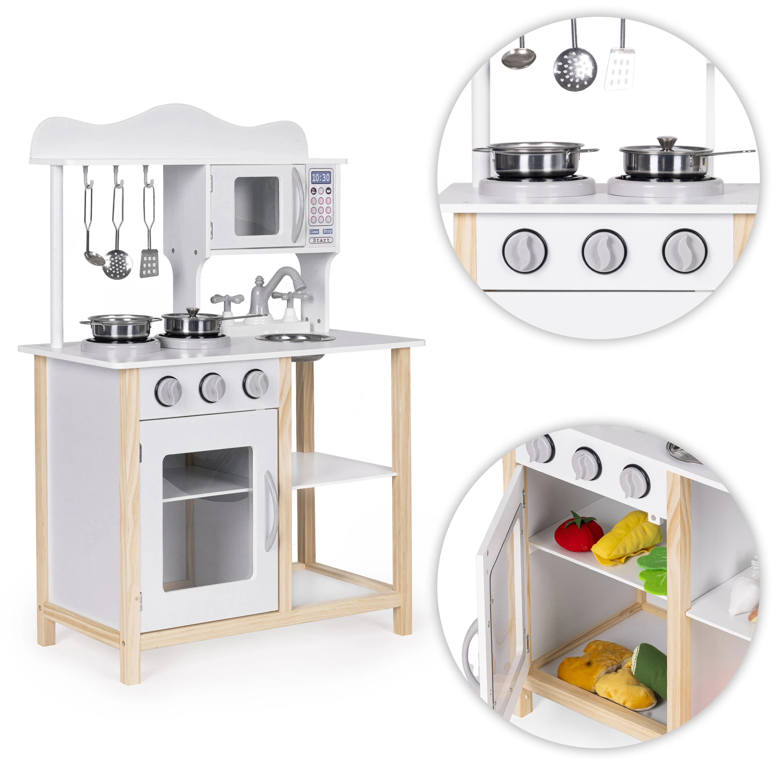 Medinė vaikiška virtuvėlė su orkaite ir maisto gaminimo priedais, balta, ECOTOYS aprašymas - Prekės nuotrauka