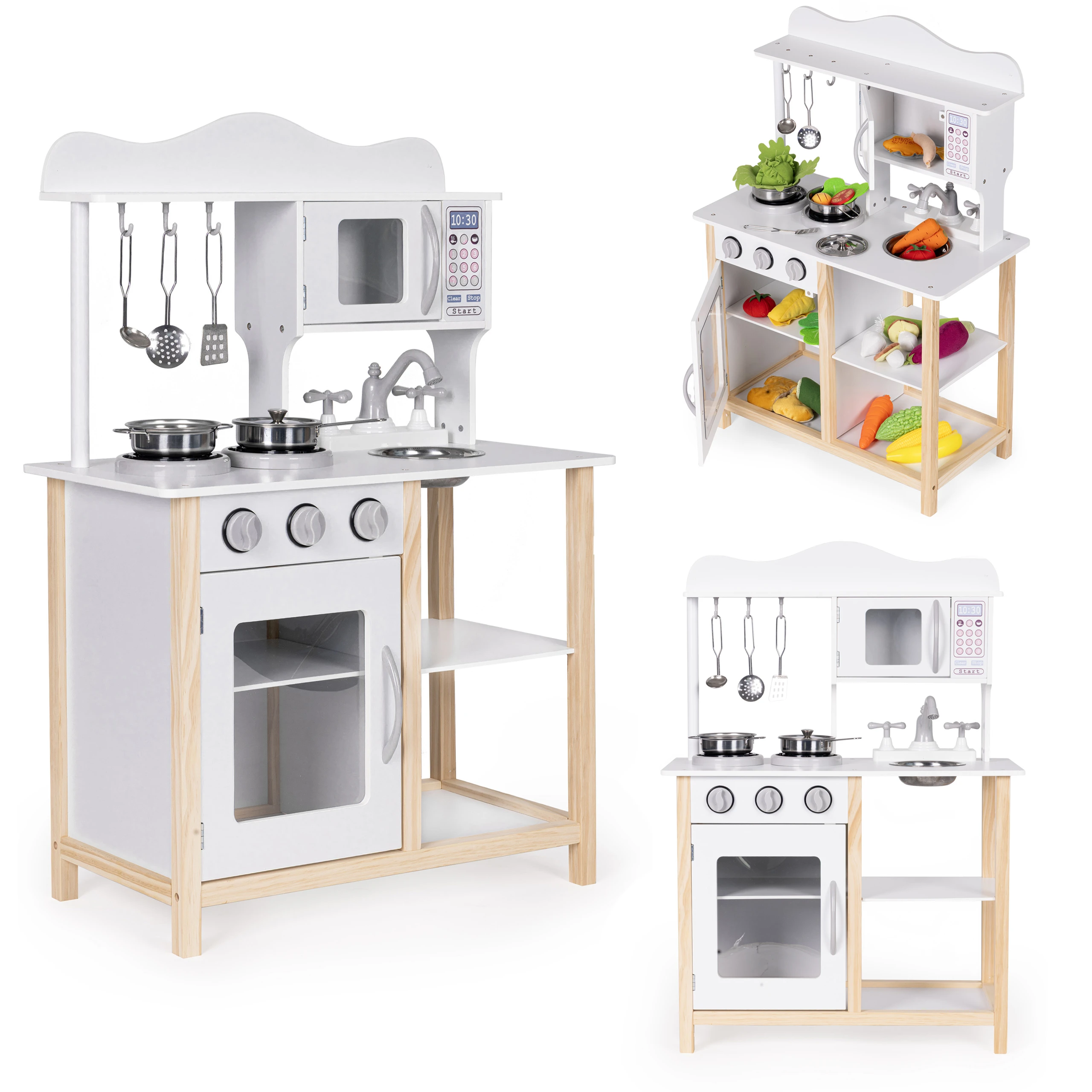 Medinė vaikiška virtuvėlė su orkaite ir maisto gaminimo priedais, balta, ECOTOYS aprašymas - Prekės nuotrauka