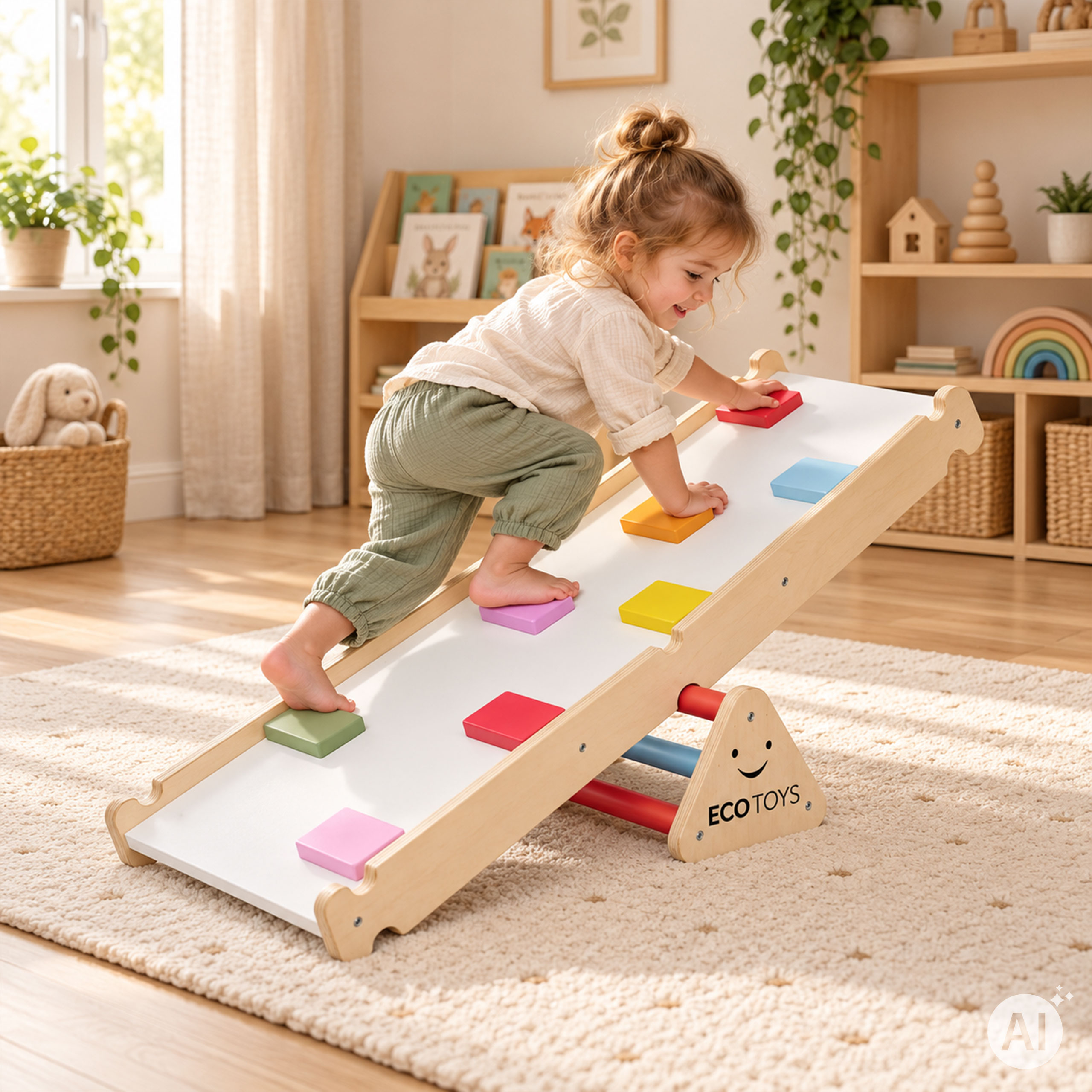 Medinė žaidimų aikštelė vaikams, Montessori laipiojimo rinkinys su kopėčiomis ir balansavimo sija LUNA ECOTOYS aprašymas - Prekės nuotrauka