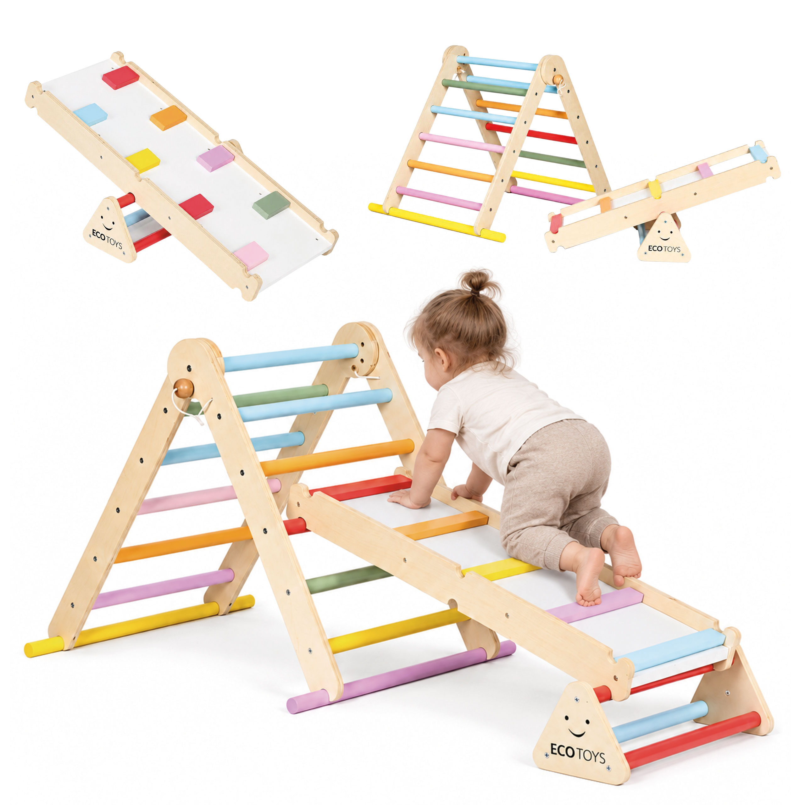 Medinė žaidimų aikštelė vaikams, Montessori laipiojimo rinkinys su kopėčiomis ir balansavimo sija LUNA ECOTOYS aprašymas - Prekės nuotrauka