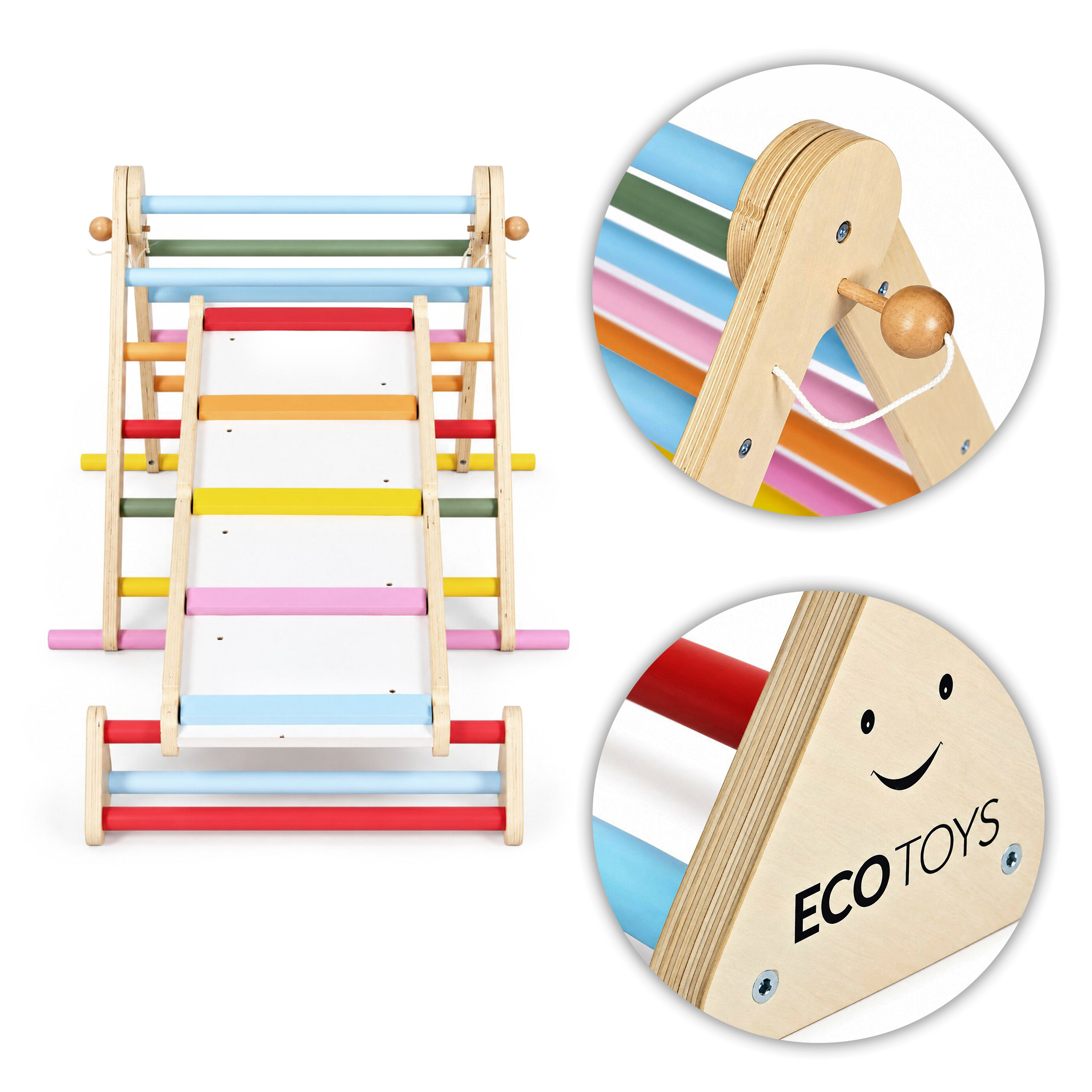 Medinė žaidimų aikštelė vaikams, Montessori laipiojimo rinkinys su kopėčiomis ir balansavimo sija LUNA ECOTOYS aprašymas - Prekės nuotrauka