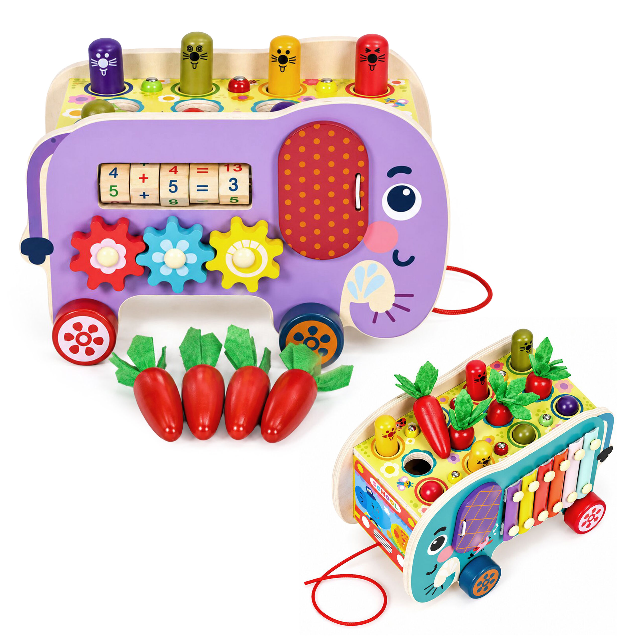 Medinis 8-in-1 drambliuko formos lavinamasis kubas su vaikštyne, formų rūšiuokliu, ksilofonu ir kirmėlių žvejyba ECOTOYS aprašymas - Prekės nuotrauka