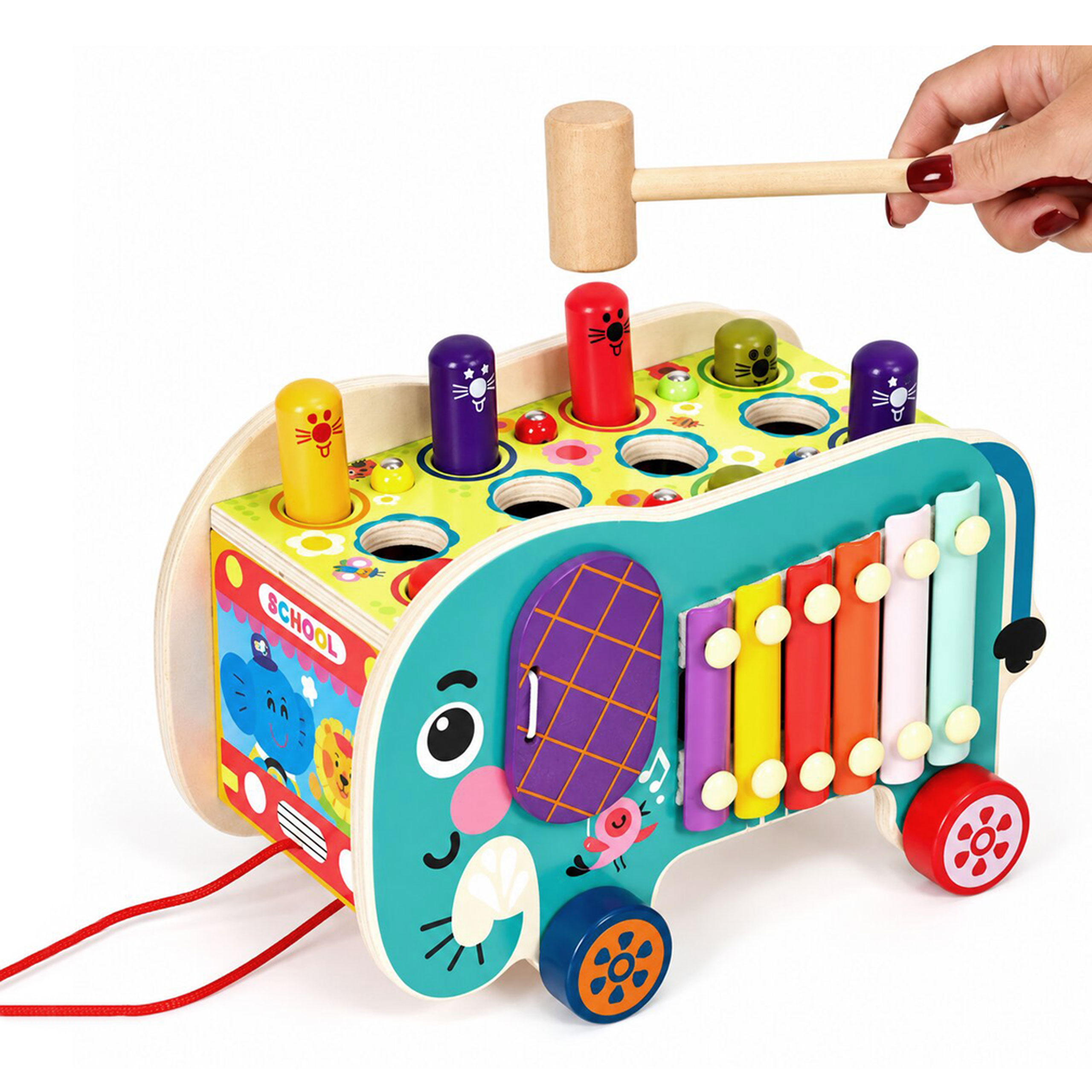 Medinis 8-in-1 drambliuko formos lavinamasis kubas su vaikštyne, formų rūšiuokliu, ksilofonu ir kirmėlių žvejyba ECOTOYS aprašymas - Prekės nuotrauka