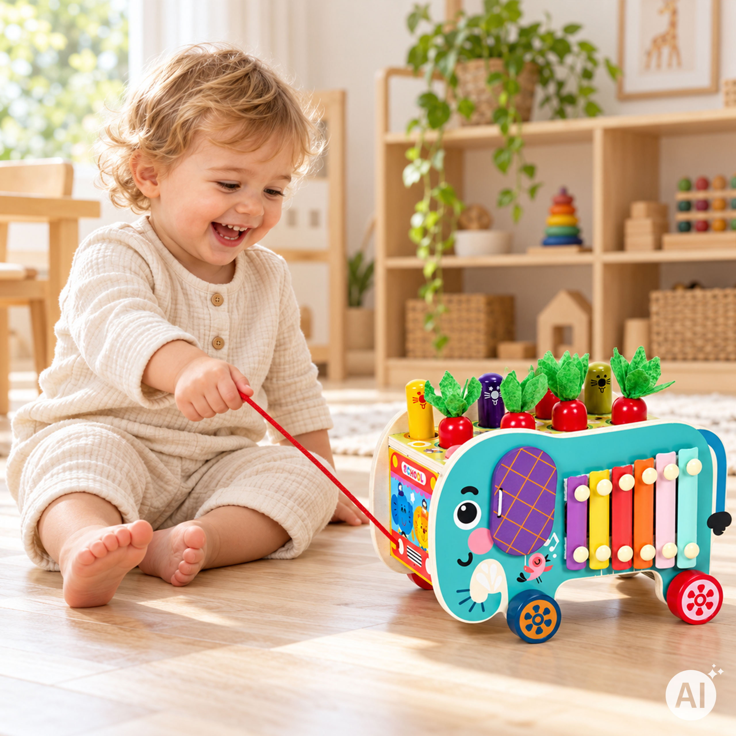 Medinis 8-in-1 drambliuko formos lavinamasis kubas su vaikštyne, formų rūšiuokliu, ksilofonu ir kirmėlių žvejyba ECOTOYS aprašymas - Prekės nuotrauka
