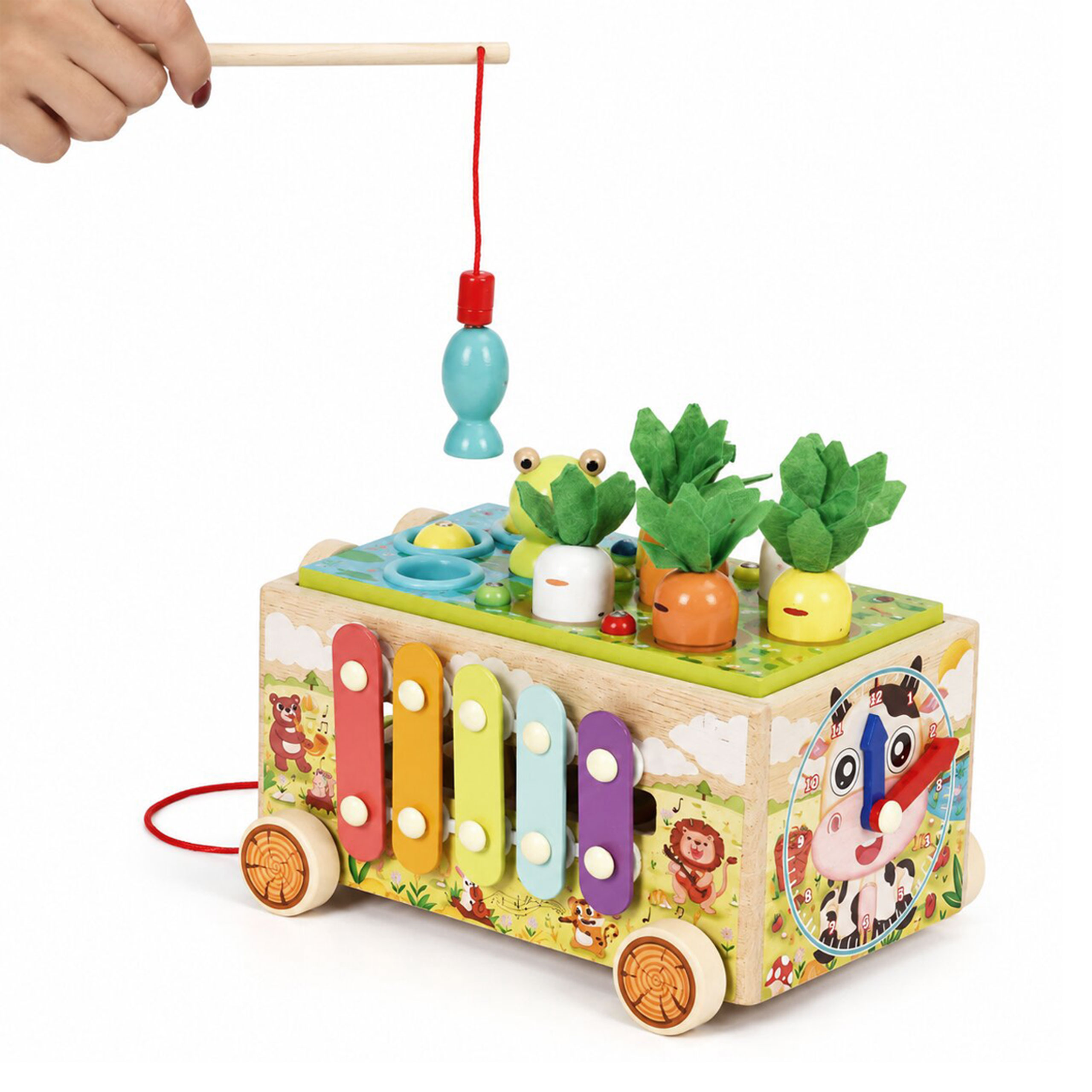 Medinis 8-in-1 varlės formos lavinamasis kubas su vaikštyne, formų rūšiuokliu, ksilofonu ir kirmėlių žvejyba ECOTOYS aprašymas - Prekės nuotrauka