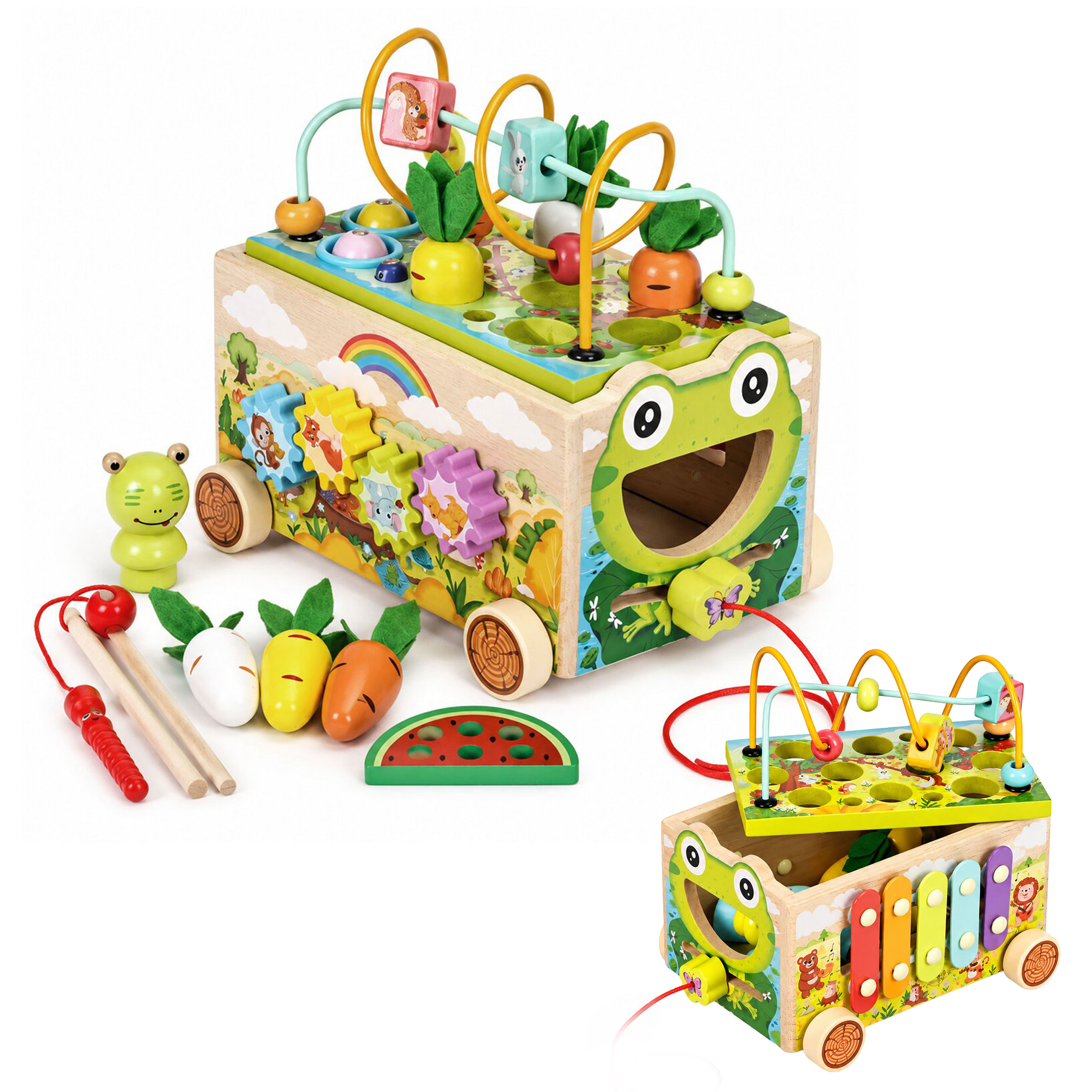 Medinis 8-in-1 varlės formos lavinamasis kubas su vaikštyne, formų rūšiuokliu, ksilofonu ir kirmėlių žvejyba ECOTOYS aprašymas - Prekės nuotrauka