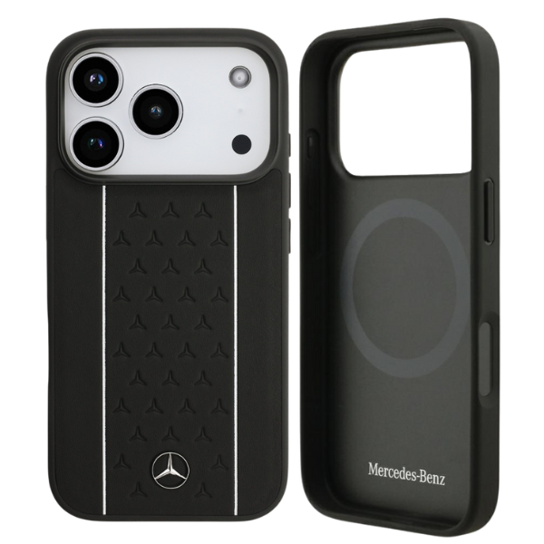 Mercedes Leather Star Pattern Stripes MagSafe dėklas Apple iPhone 17 Pro juodos spalvos aprašymas - Prekės nuotrauka Mercedes Leather Star Pattern Stripes MagSafe dėklas Apple iPhone 17 Pro juodos spalvos aprašymas - Prekės nuotrauka