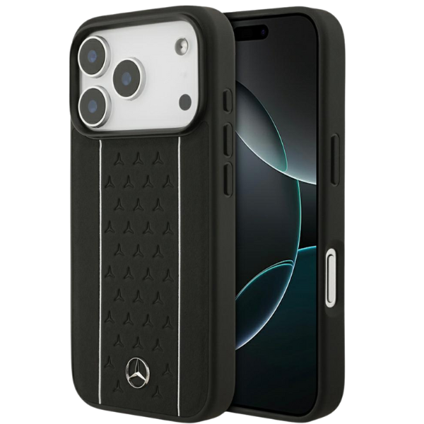 Mercedes Leather Star Pattern Stripes MagSafe dėklas Apple iPhone 17 Pro juodos spalvos aprašymas - Prekės nuotrauka Mercedes Leather Star Pattern Stripes MagSafe dėklas Apple iPhone 17 Pro juodos spalvos aprašymas - Prekės nuotrauka