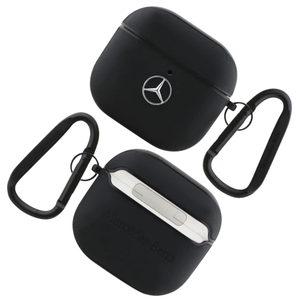 Mercedes Benz MEA4CSLBK AirPods 4 ausinių dėklas juodos spalvos Leather Metal Logo aprašymas - Prekės nuotrauka