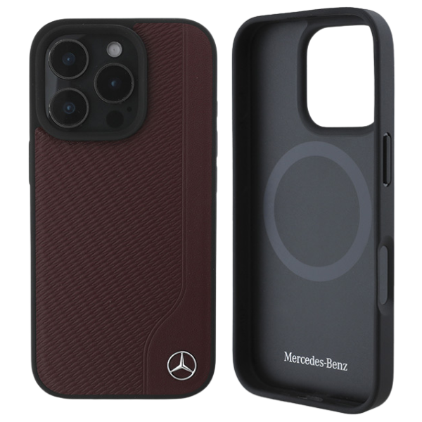 Mercedes MEHMP16L23RBGVR Apple iPhone 16 Pro 6.3″ red kietas dėklas MB Wood Imitation Leather MagSafe aprašymas - Prekės nuotrauka
