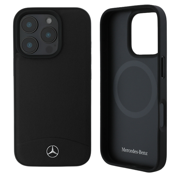 Mercedes MEHMP16X23RBARK iPhone 16 Pro Max 6.9″ juodos spalvos kietas dėklas Textured And Plain Leather MagS aprašymas - Prekės nuotrauka