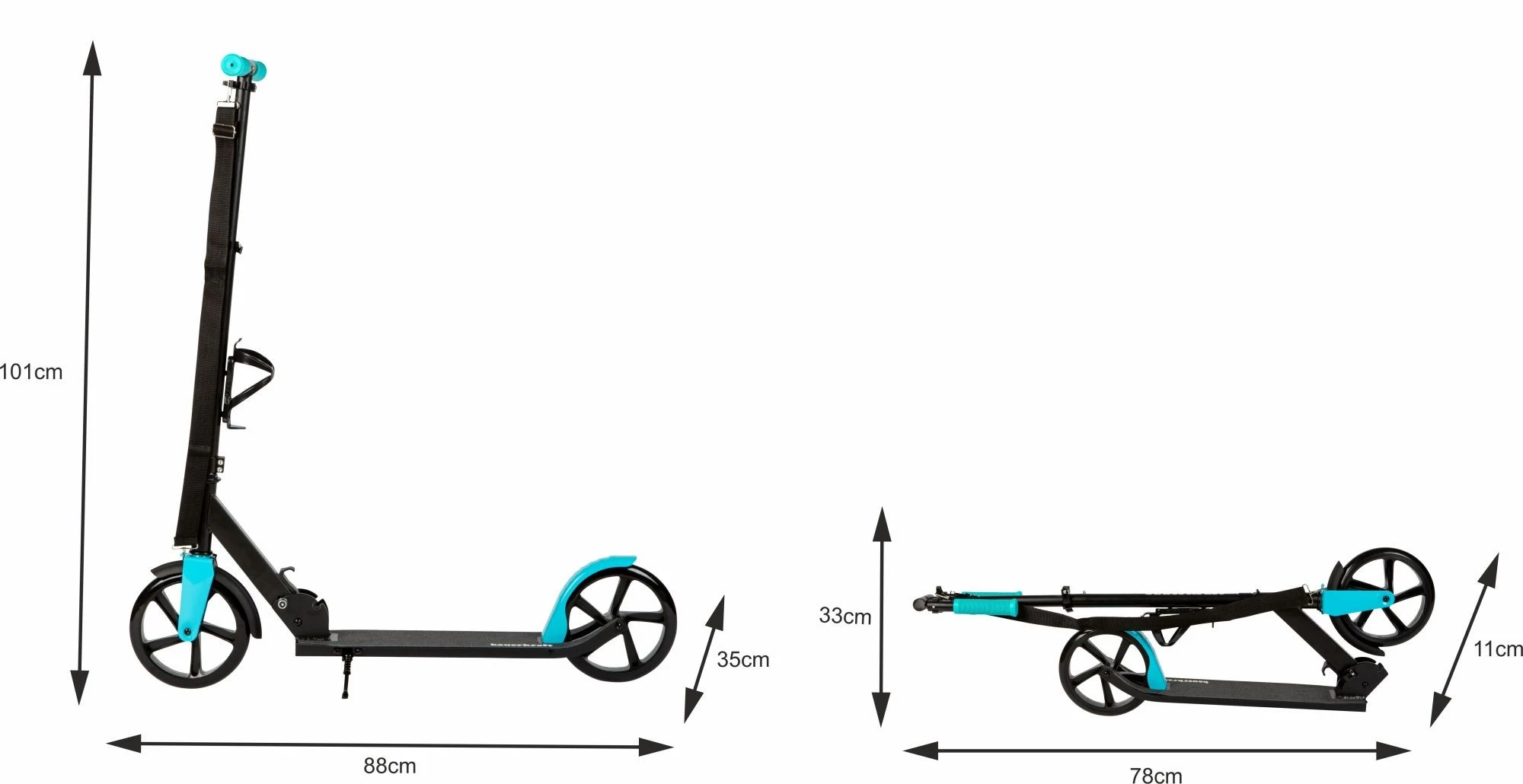 Bauerkraft Miesto paspirtukas vaikams ir paaugliams, sulankstomas, reguliuojamo aukščio 91-101 cm, 200 mm ratai, gertuvės laikiklis aprašymas - Prekės nuotrauka