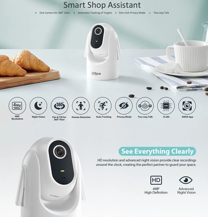 Dahua Technology Co Mini IP valdoma kamera 4MP 25fps, 1/3 colio CMOS sensorius, WIFI aprašymas - Prekės nuotrauka