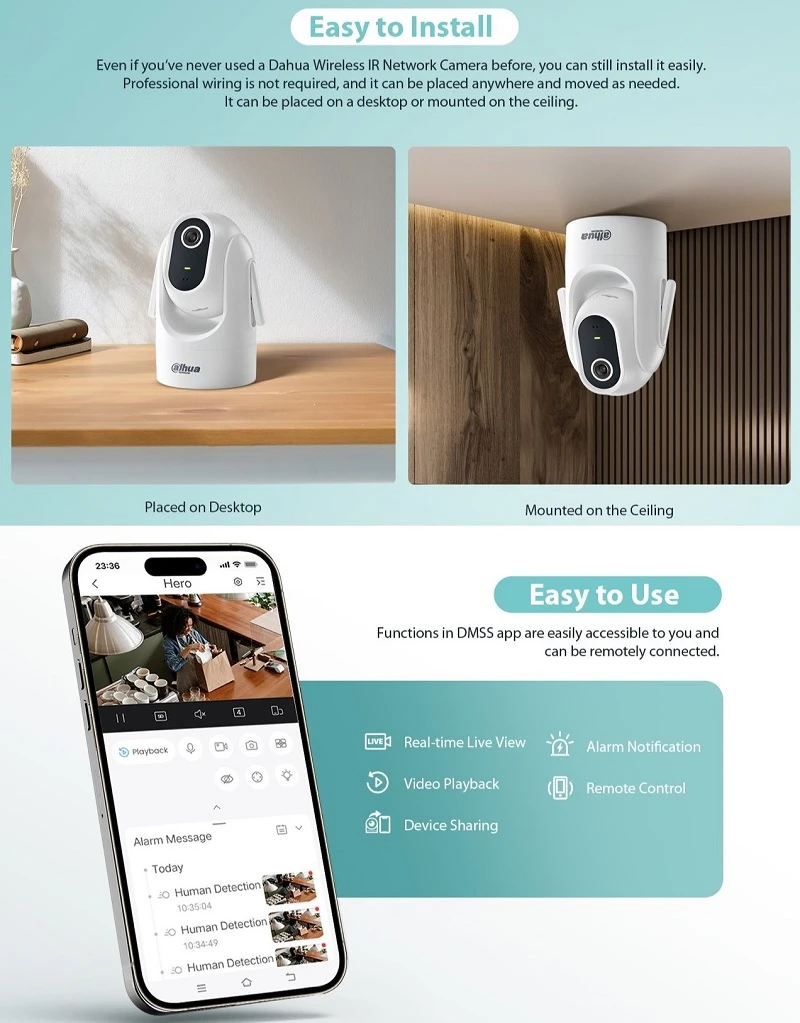 Dahua Technology Co Mini IP valdoma kamera 4MP 25fps, 1/3 colio CMOS sensorius, WIFI aprašymas - Prekės nuotrauka