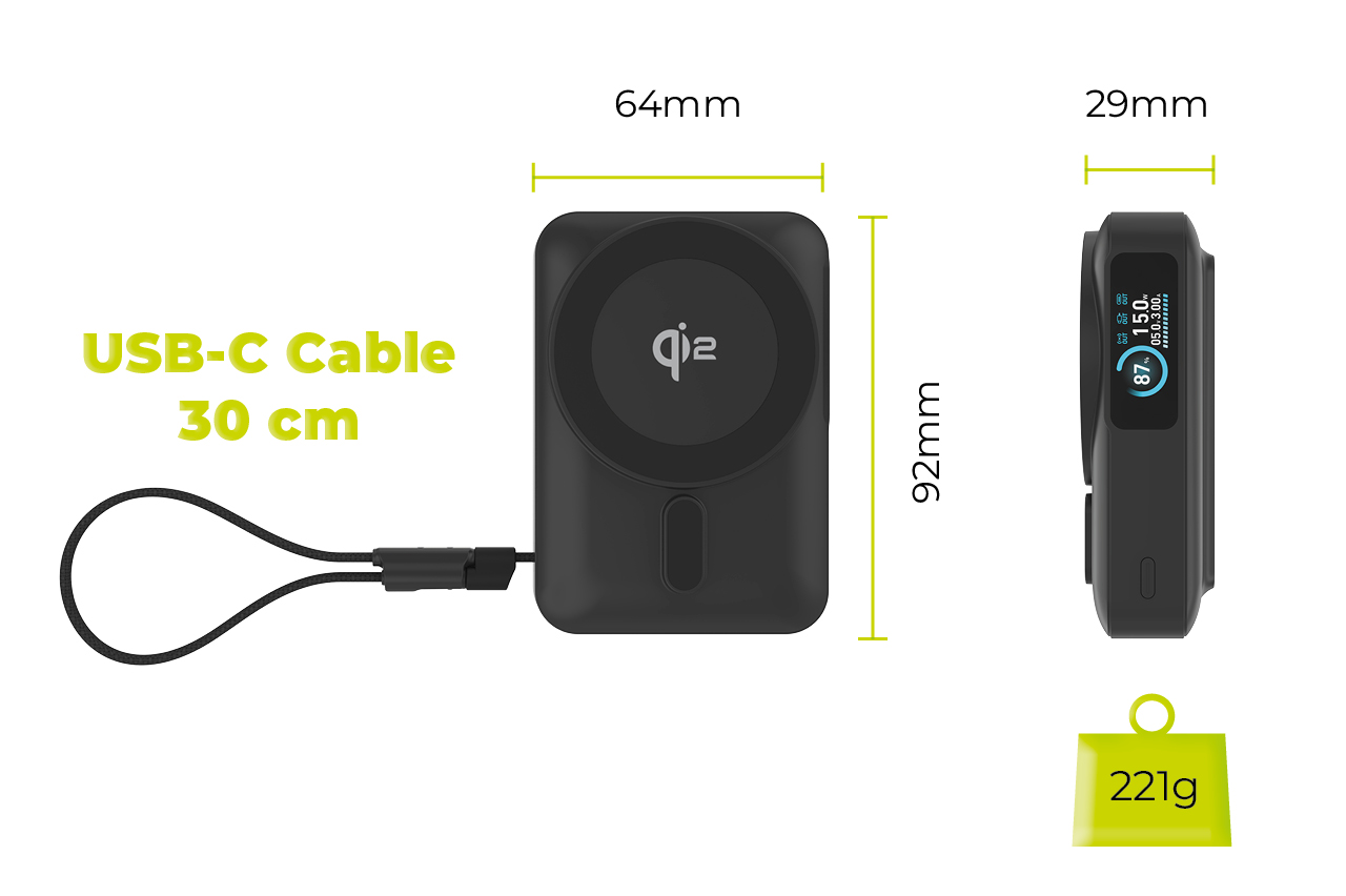 Mobile Origin 10000 mAh Qi2 TFT Ekranas Semi-solid PowerBank PB19 – USB-C Cable Juodas aprašymas - Prekės nuotrauka
