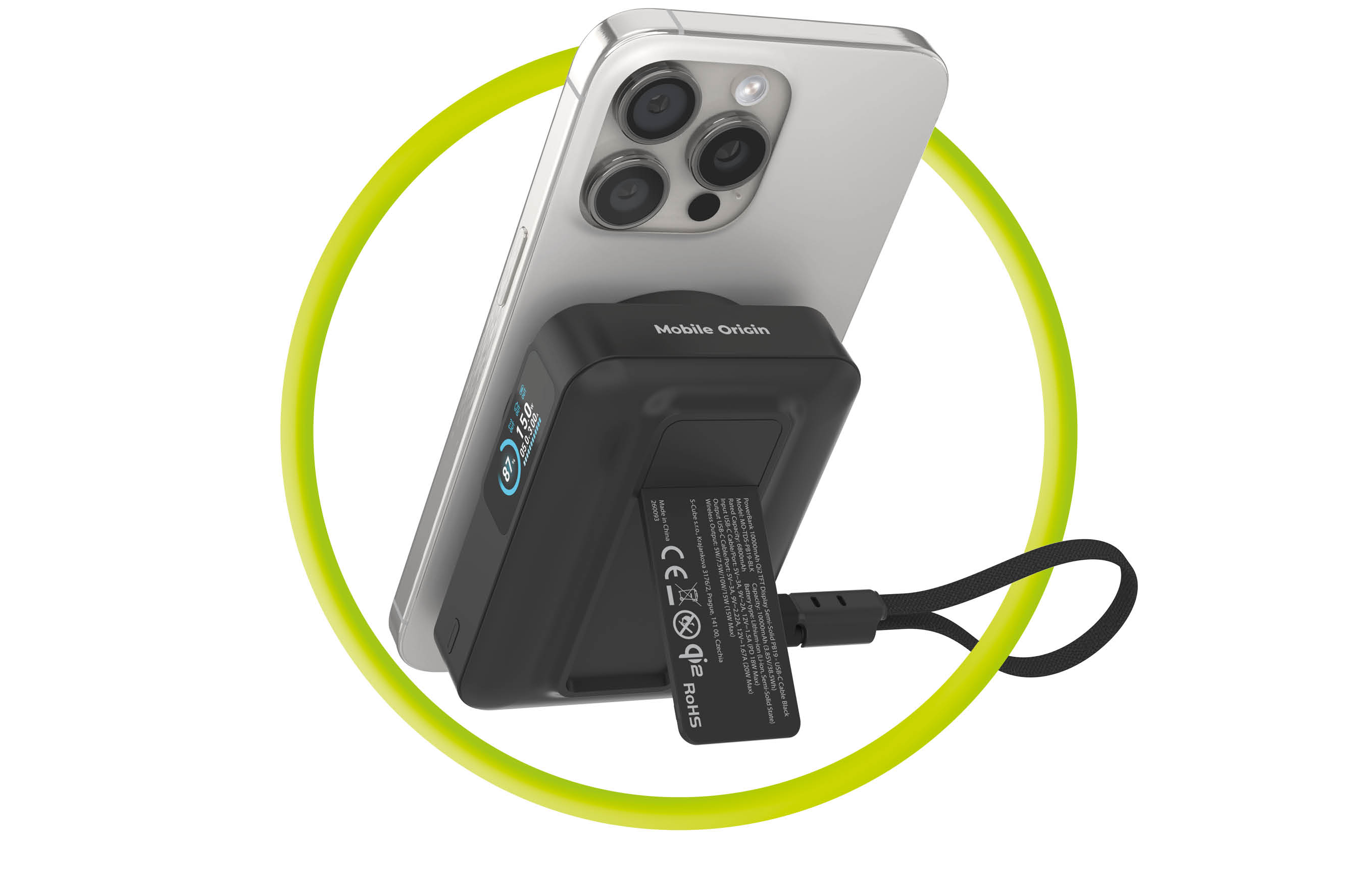 Mobile Origin 10000 mAh Qi2 TFT Ekranas Semi-solid PowerBank PB19 – USB-C Cable Juodas aprašymas - Prekės nuotrauka