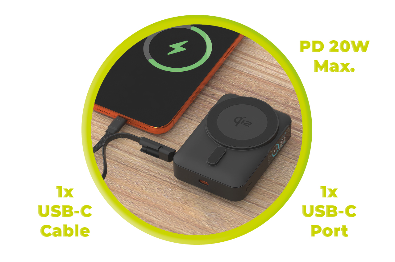 Mobile Origin 10000 mAh Qi2 TFT Ekranas Semi-solid PowerBank PB19 – USB-C Cable Juodas aprašymas - Prekės nuotrauka