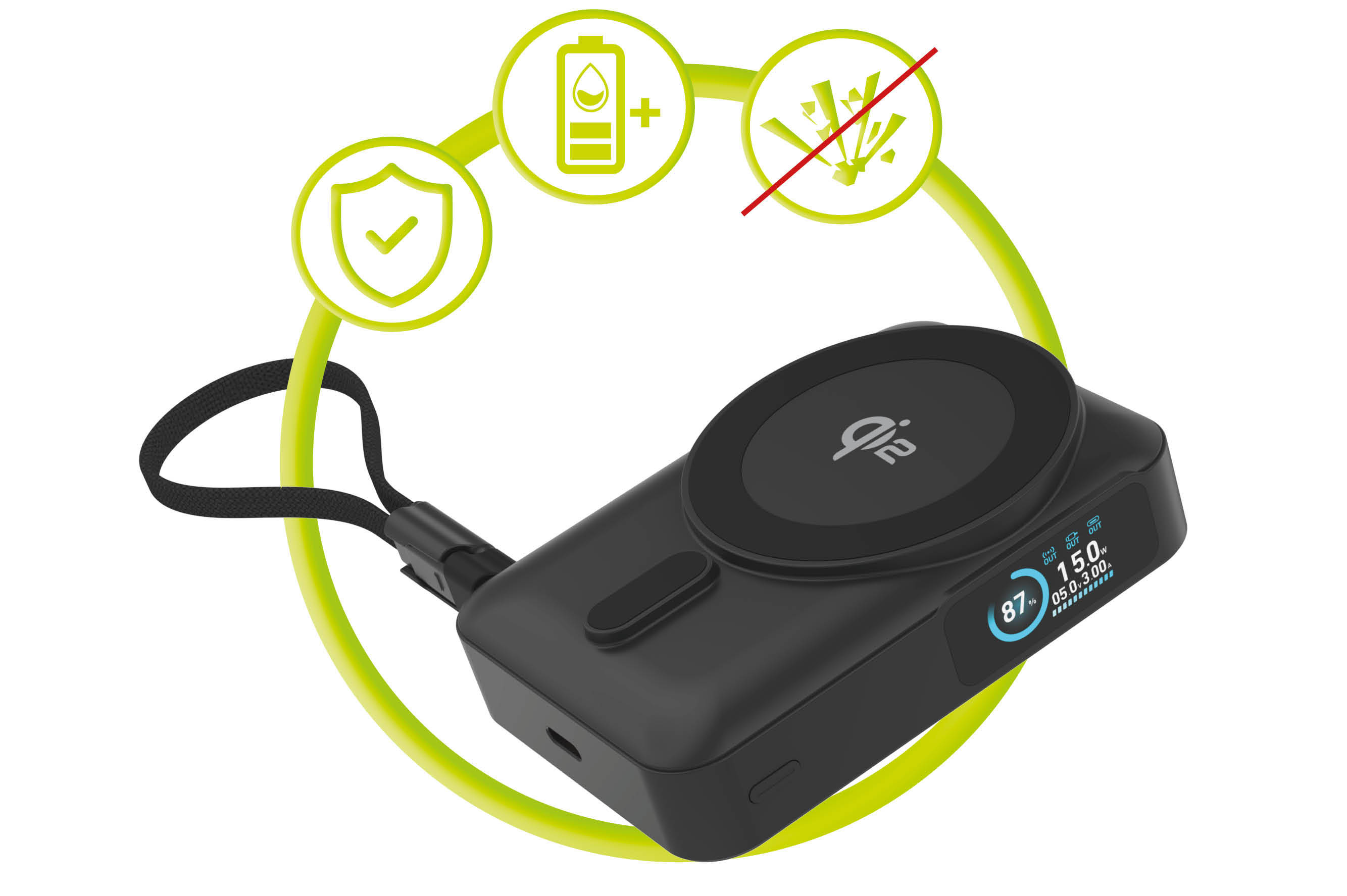Mobile Origin 10000 mAh Qi2 TFT Ekranas Semi-solid PowerBank PB19 – USB-C Cable Juodas aprašymas - Prekės nuotrauka