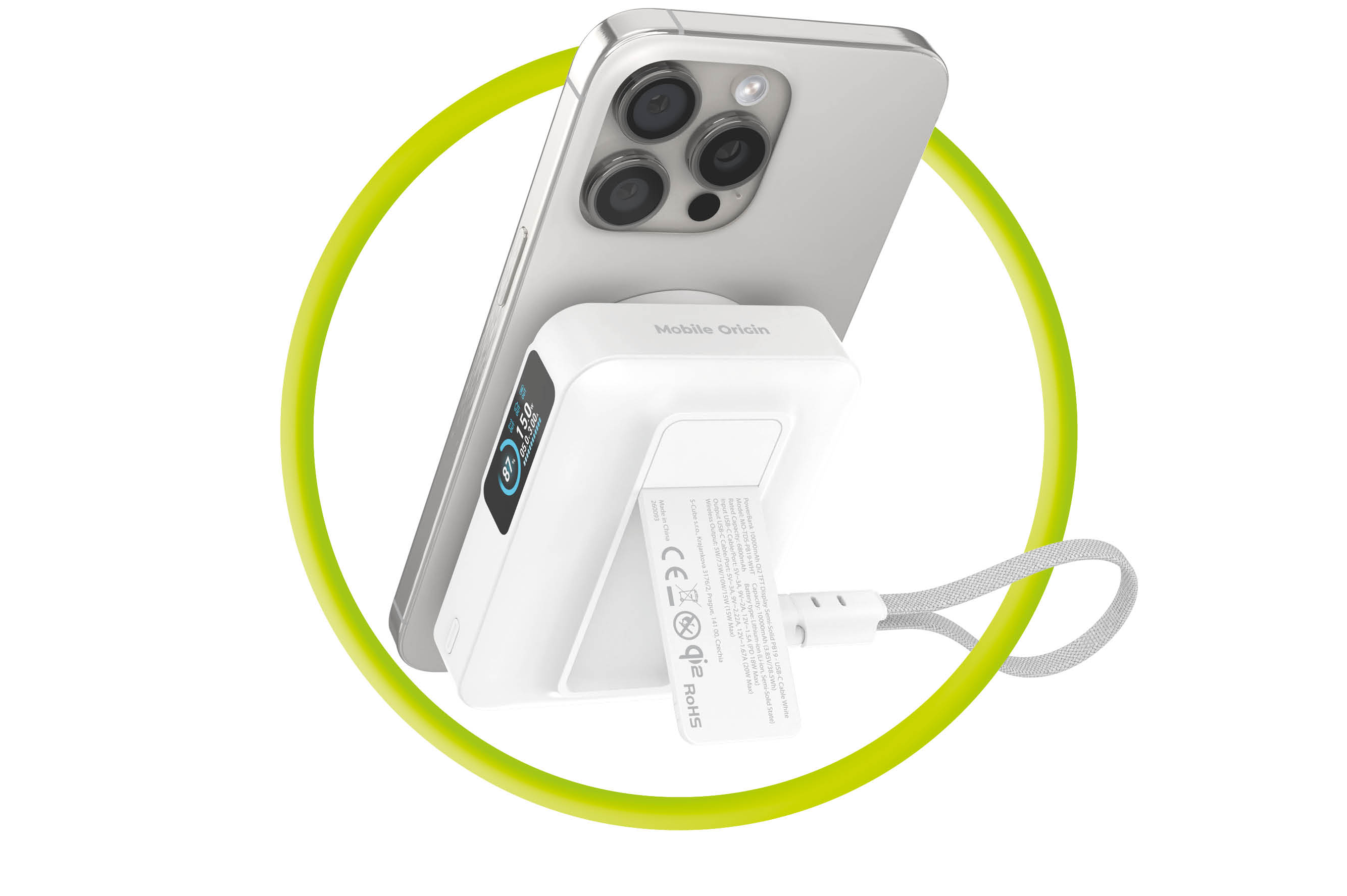 Mobile Origin 10000 mAh Qi2 TFT Ekranas Semi-solid PowerBank PB19 – USB-C Cable Baltas aprašymas - Prekės nuotrauka
