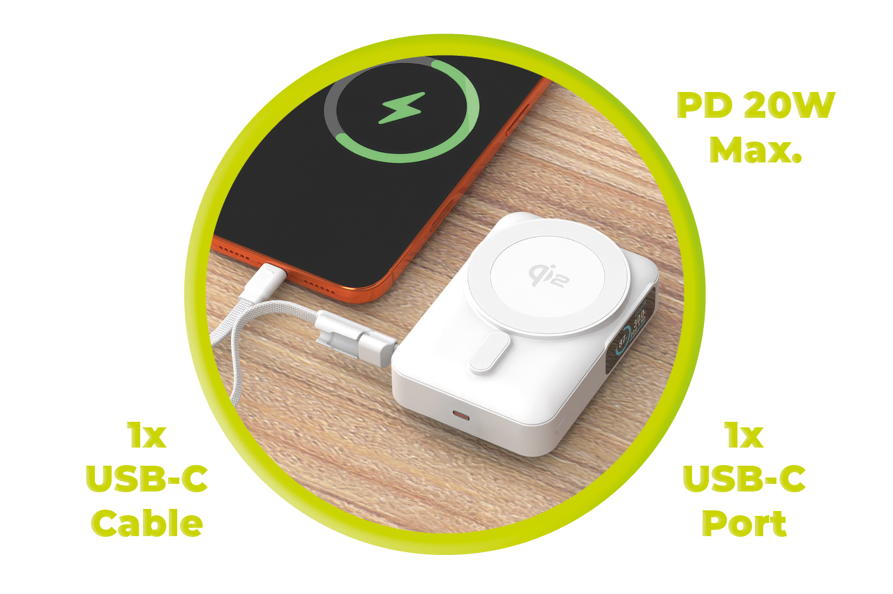 Mobile Origin 10000 mAh Qi2 TFT Ekranas Semi-solid PowerBank PB19 – USB-C Cable Baltas aprašymas - Prekės nuotrauka