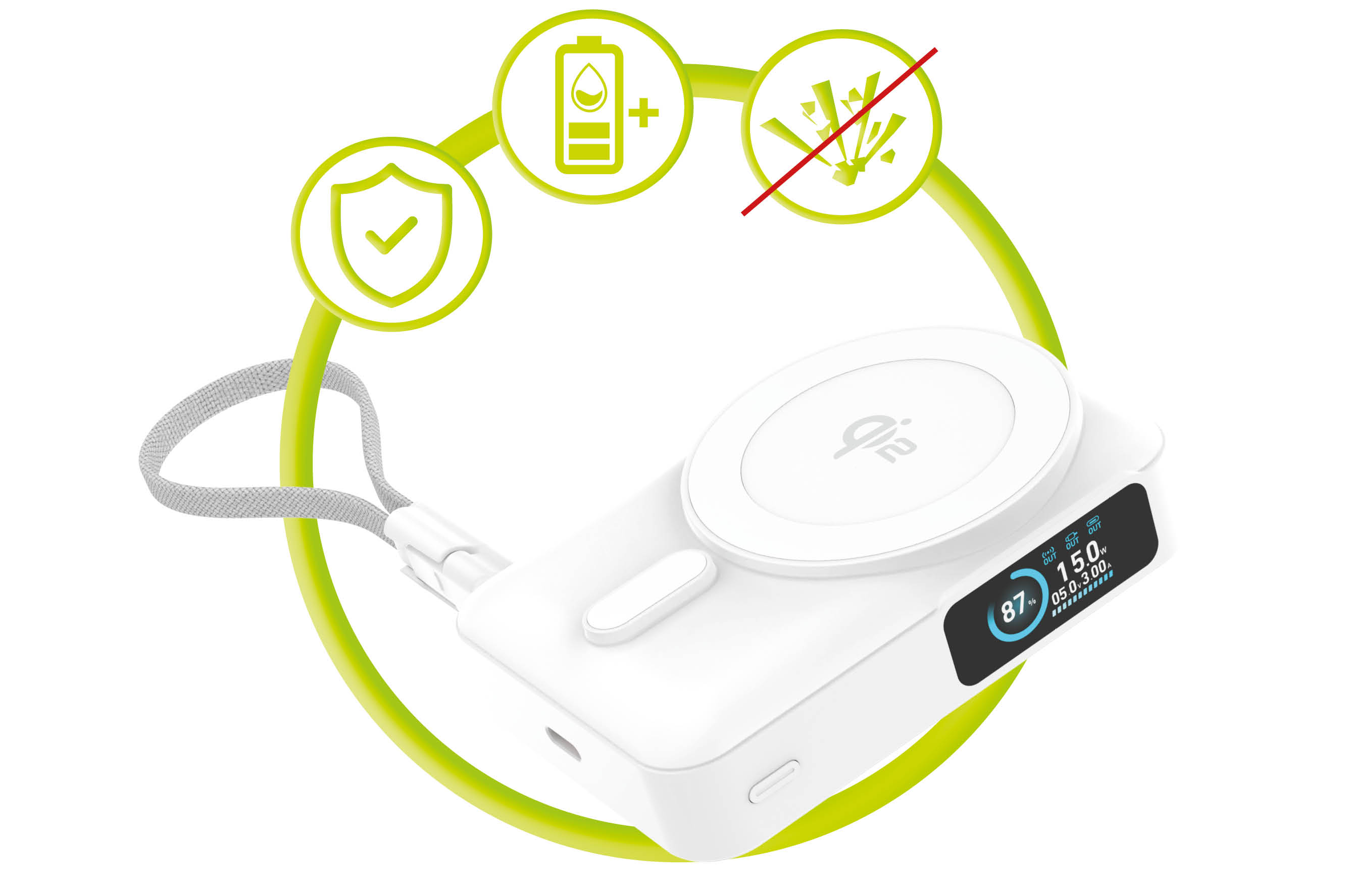 Mobile Origin 10000 mAh Qi2 TFT Ekranas Semi-solid PowerBank PB19 – USB-C Cable Baltas aprašymas - Prekės nuotrauka