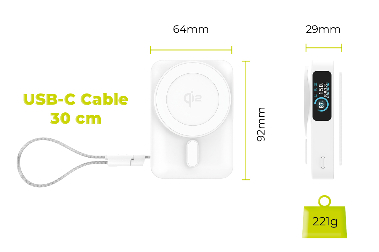 Mobile Origin 10000 mAh Qi2 TFT Ekranas Semi-solid PowerBank PB19 – USB-C Cable Baltas aprašymas - Prekės nuotrauka