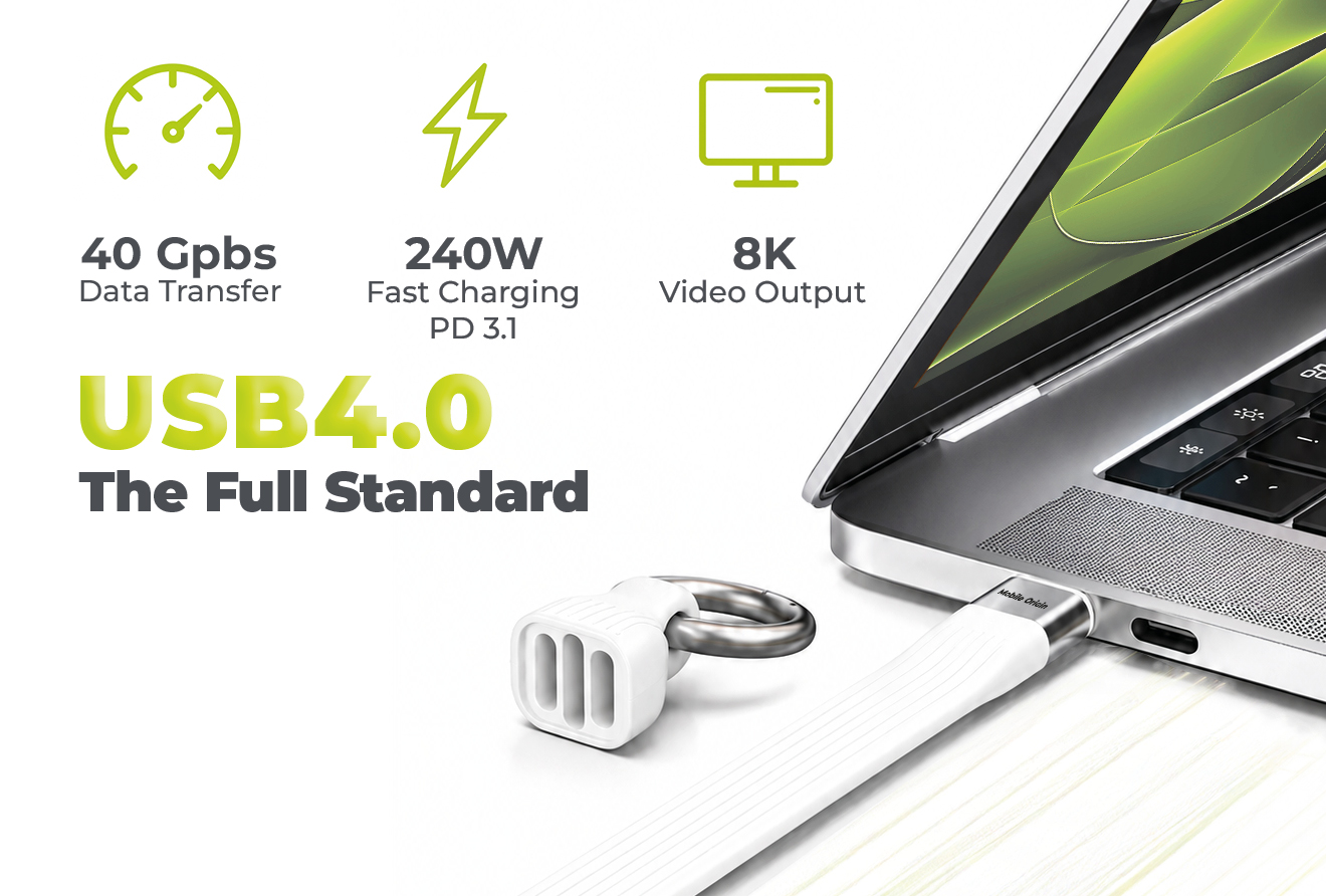 Mobile Origin 240W 40Gbps 8K USB-C Keychain Cable CB17 Baltas aprašymas - Prekės nuotrauka