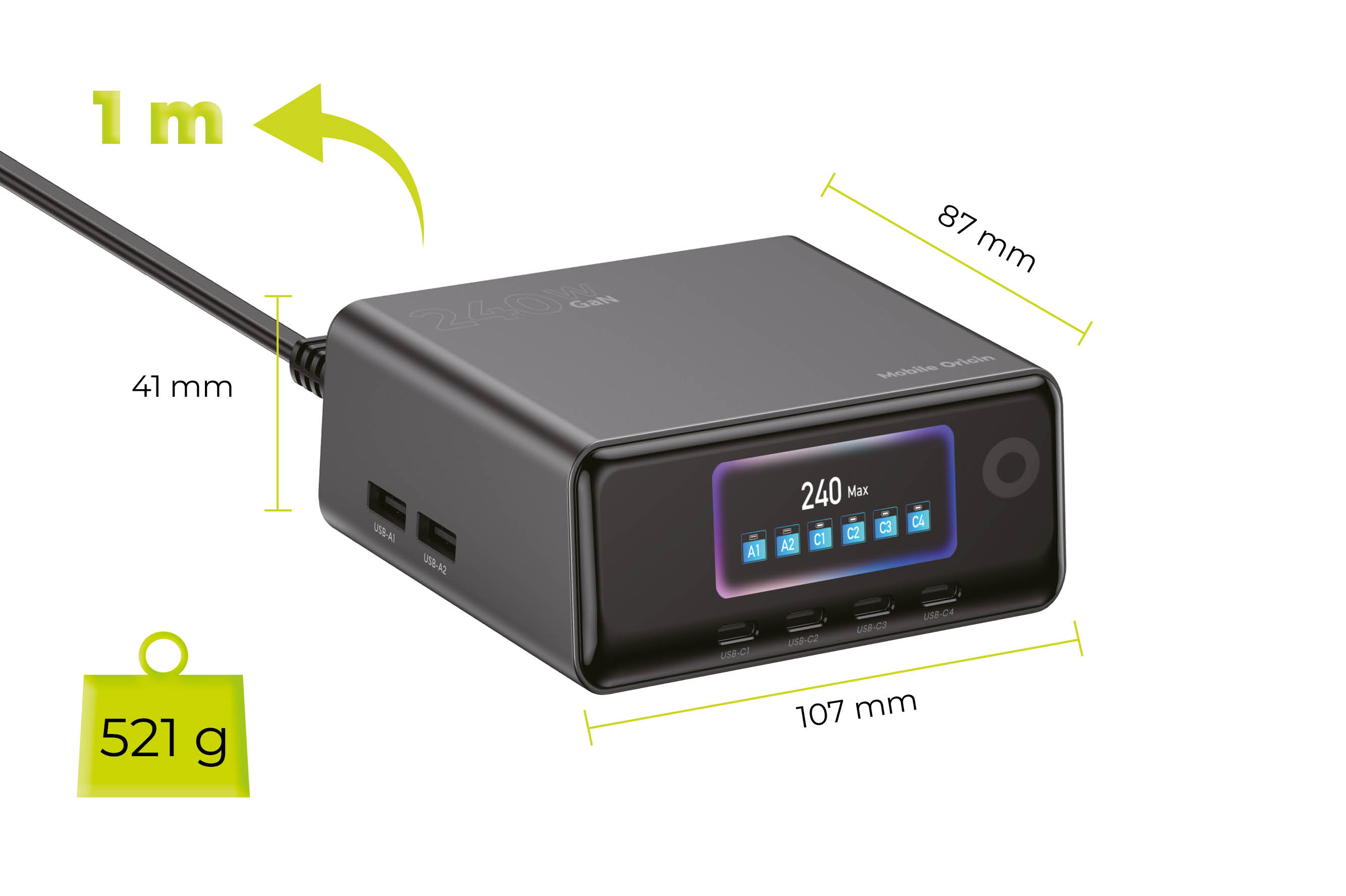 Mobile Origin 240W GaN ekraninis įkroviklio šakotuvas PW39 – 4x USB-C + 2x USB-A aprašymas - Prekės nuotrauka
