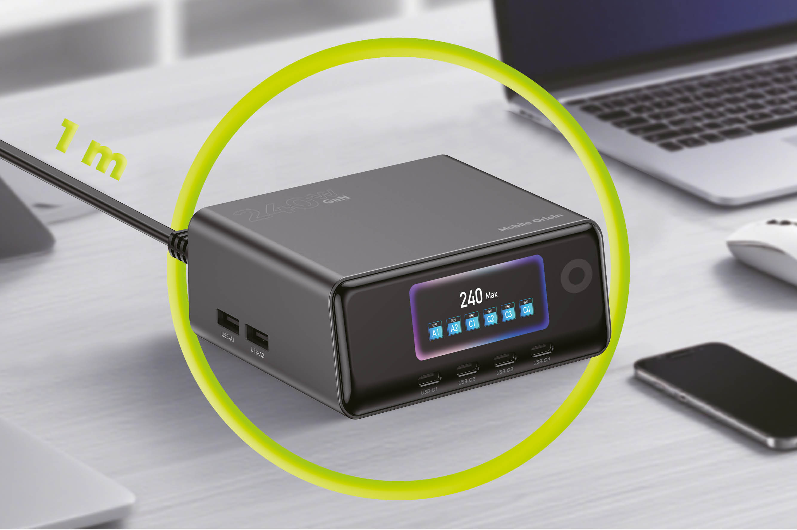 Mobile Origin 240W GaN ekraninis įkroviklio šakotuvas PW39 – 4x USB-C + 2x USB-A aprašymas - Prekės nuotrauka