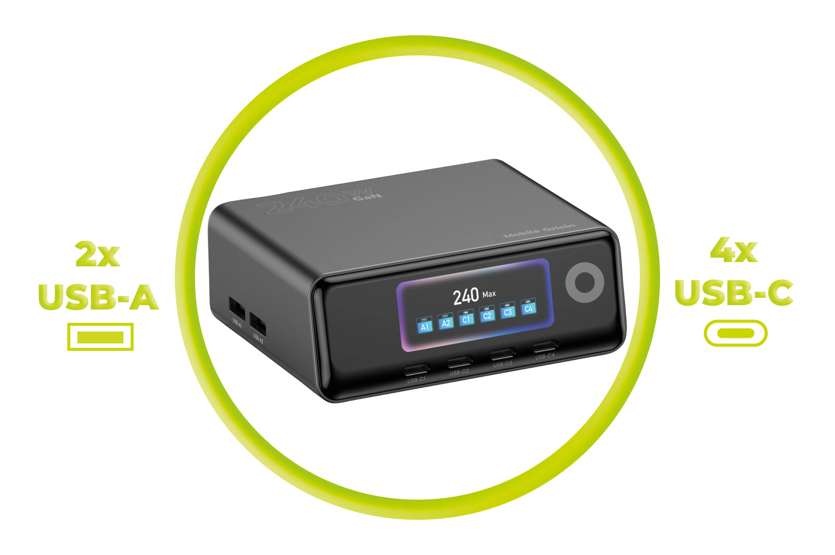 Mobile Origin 240W GaN ekraninis įkroviklio šakotuvas PW39 – 4x USB-C + 2x USB-A aprašymas - Prekės nuotrauka