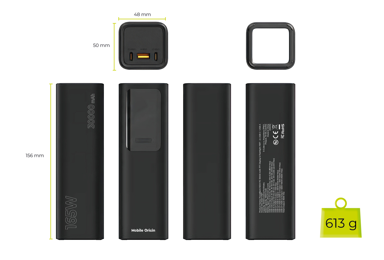 Mobile Origin 30000 mAh išorinė baterija su TFT ekranu ir žibintuvėliu PB17 – 2x USB-C + USB-A aprašymas - Prekės nuotrauka