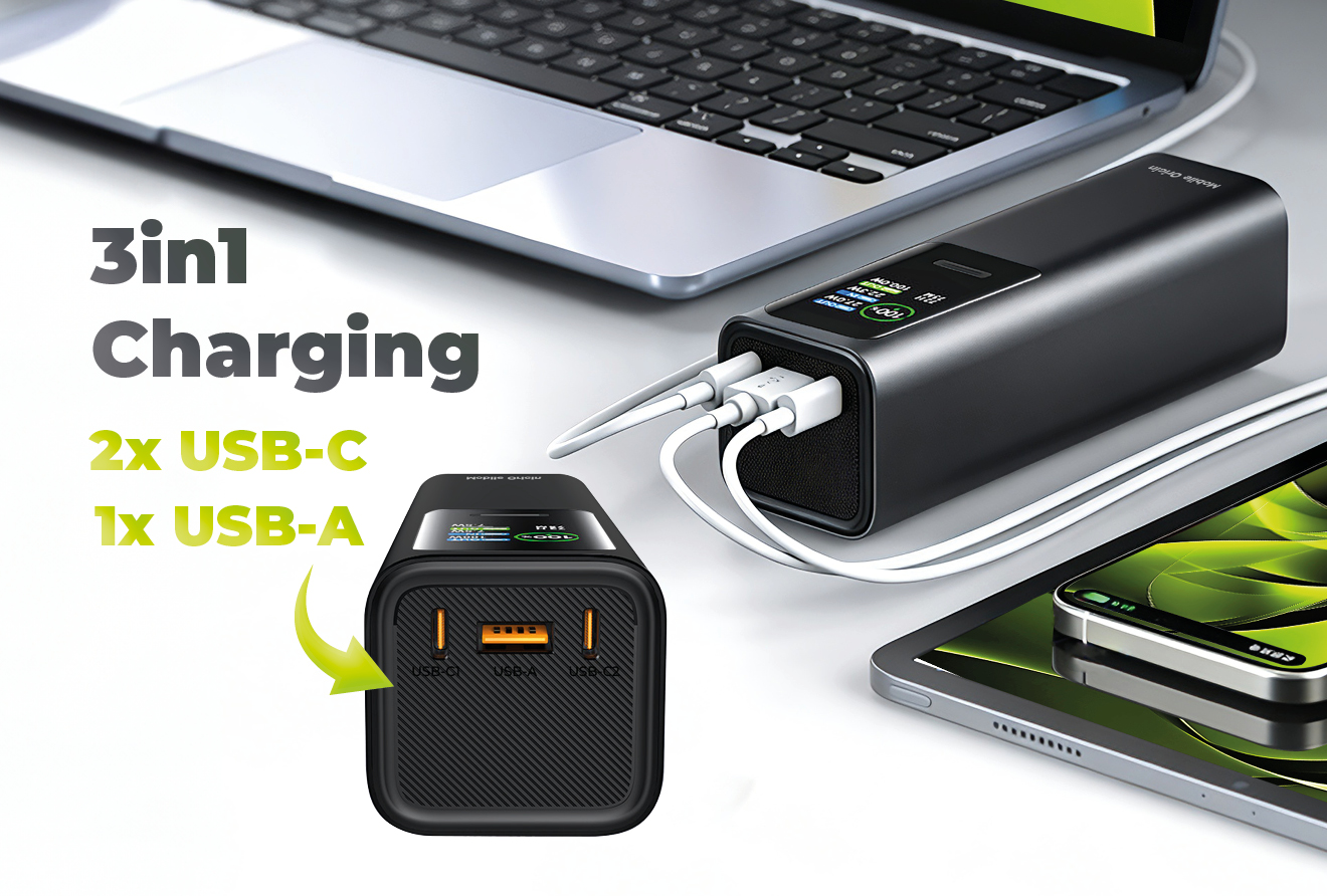 Mobile Origin 30000 mAh išorinė baterija su TFT ekranu ir žibintuvėliu PB17 – 2x USB-C + USB-A aprašymas - Prekės nuotrauka