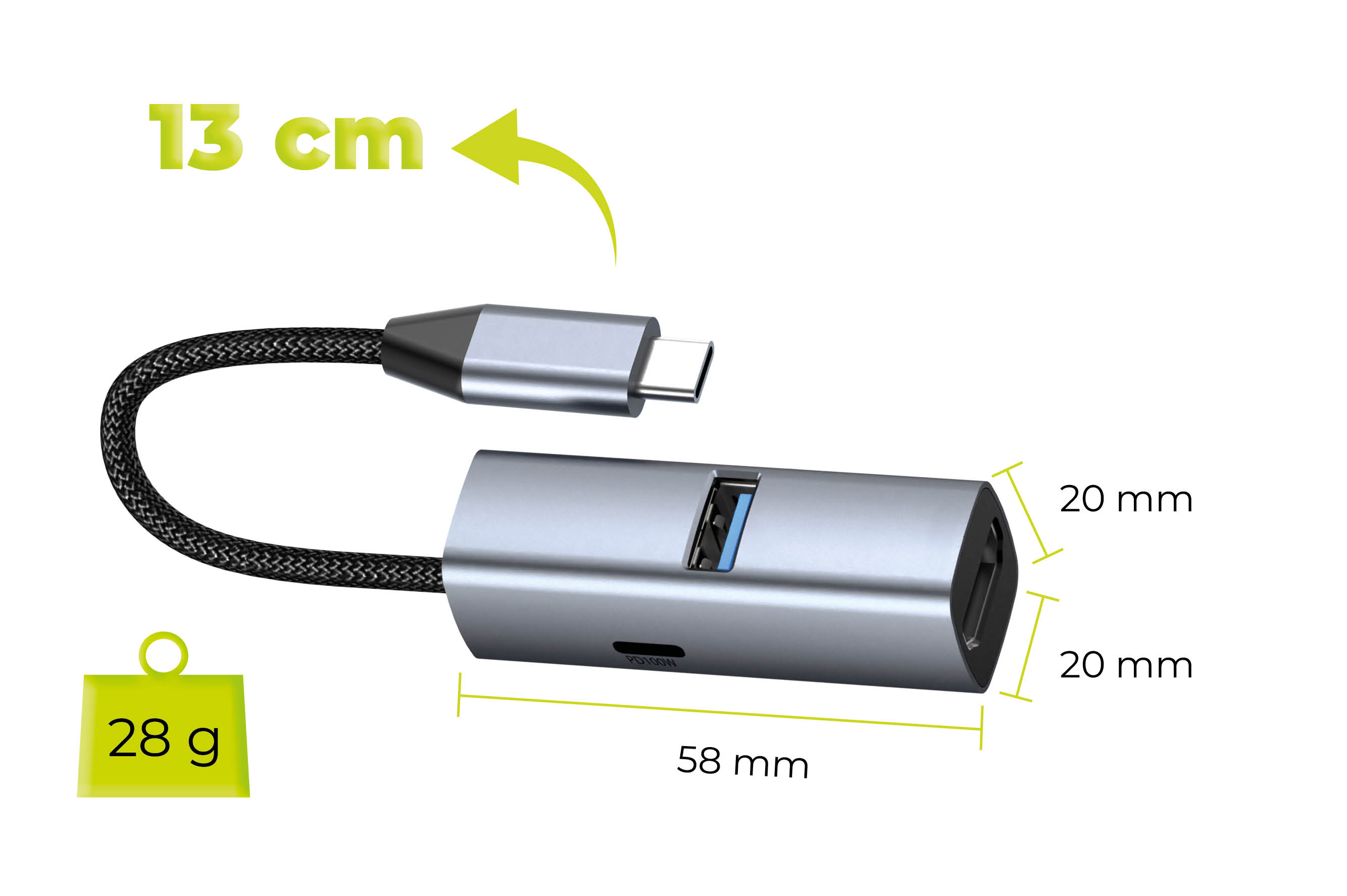 Mobile Origin 3in1 CompactHub HB1 – USB-A, USB-C, HDMI, USB-C laidas aprašymas - Prekės nuotrauka