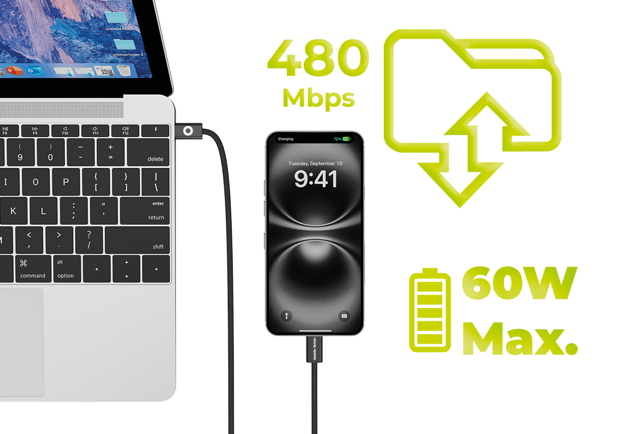 „Mobile Origin“ 60 W itin plonas USB-C į USB-C laidas, 1 m, CB11, Juodas aprašymas - Prekės nuotrauka „Mobile Origin“ 60 W itin plonas USB-C į USB-C laidas, 1 m, CB11, Juodas aprašymas - Prekės nuotrauka