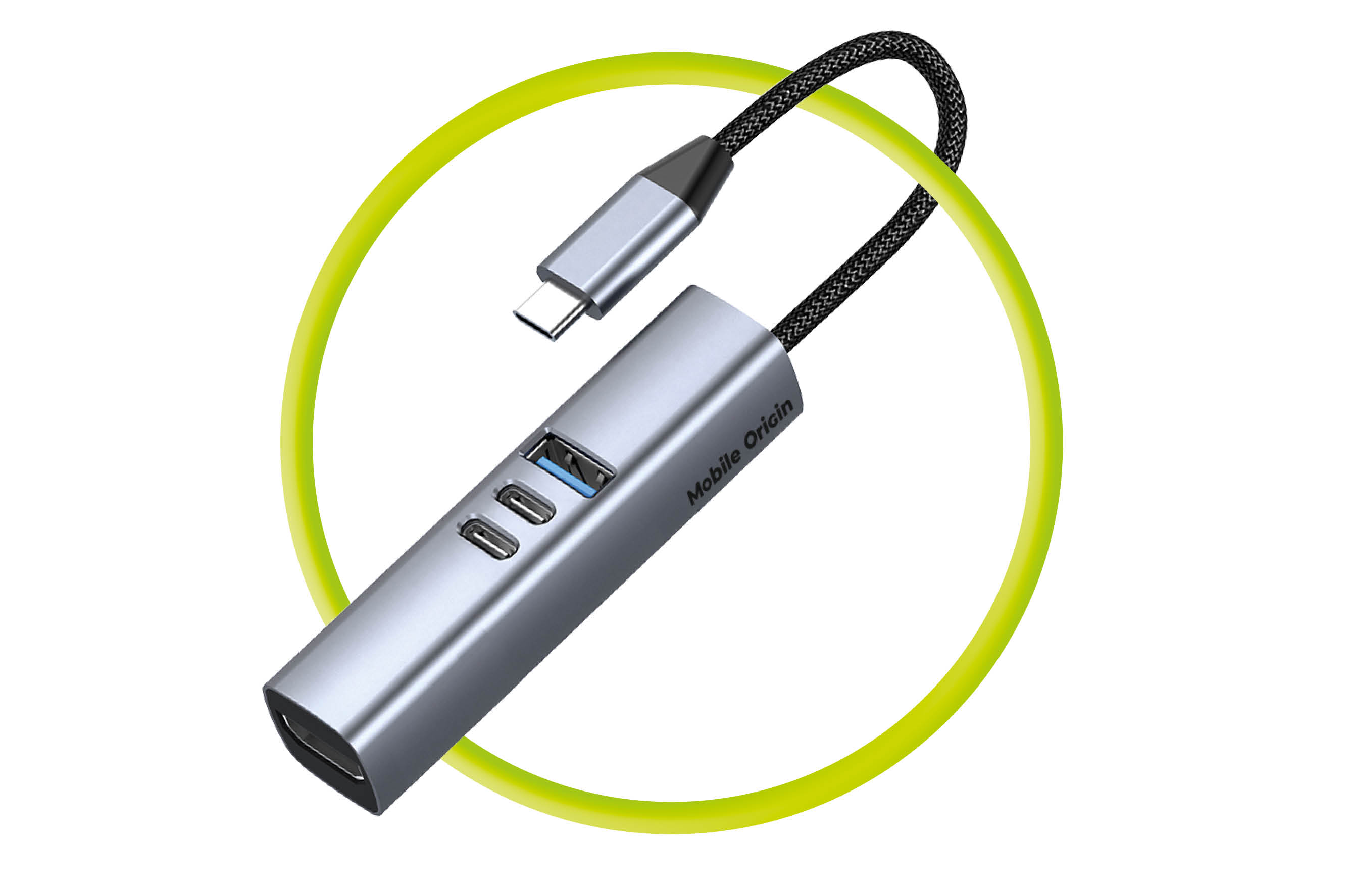 Mobile Origin 7in1 daugiafunkcis šakotuvas HB2 – 3x USB-C, USB-A, HDMI, TF/SD kortelės, USB-C laidas aprašymas - Prekės nuotrauka