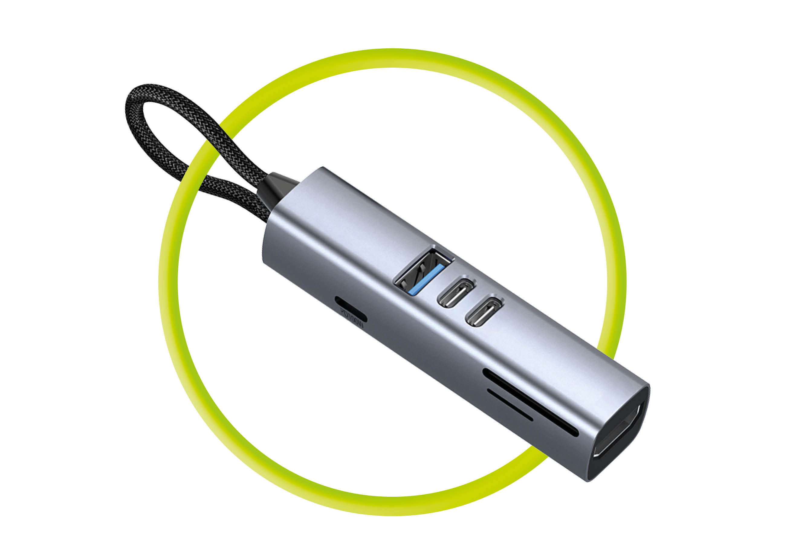Mobile Origin 7in1 daugiafunkcis šakotuvas HB2 – 3x USB-C, USB-A, HDMI, TF/SD kortelės, USB-C laidas aprašymas - Prekės nuotrauka