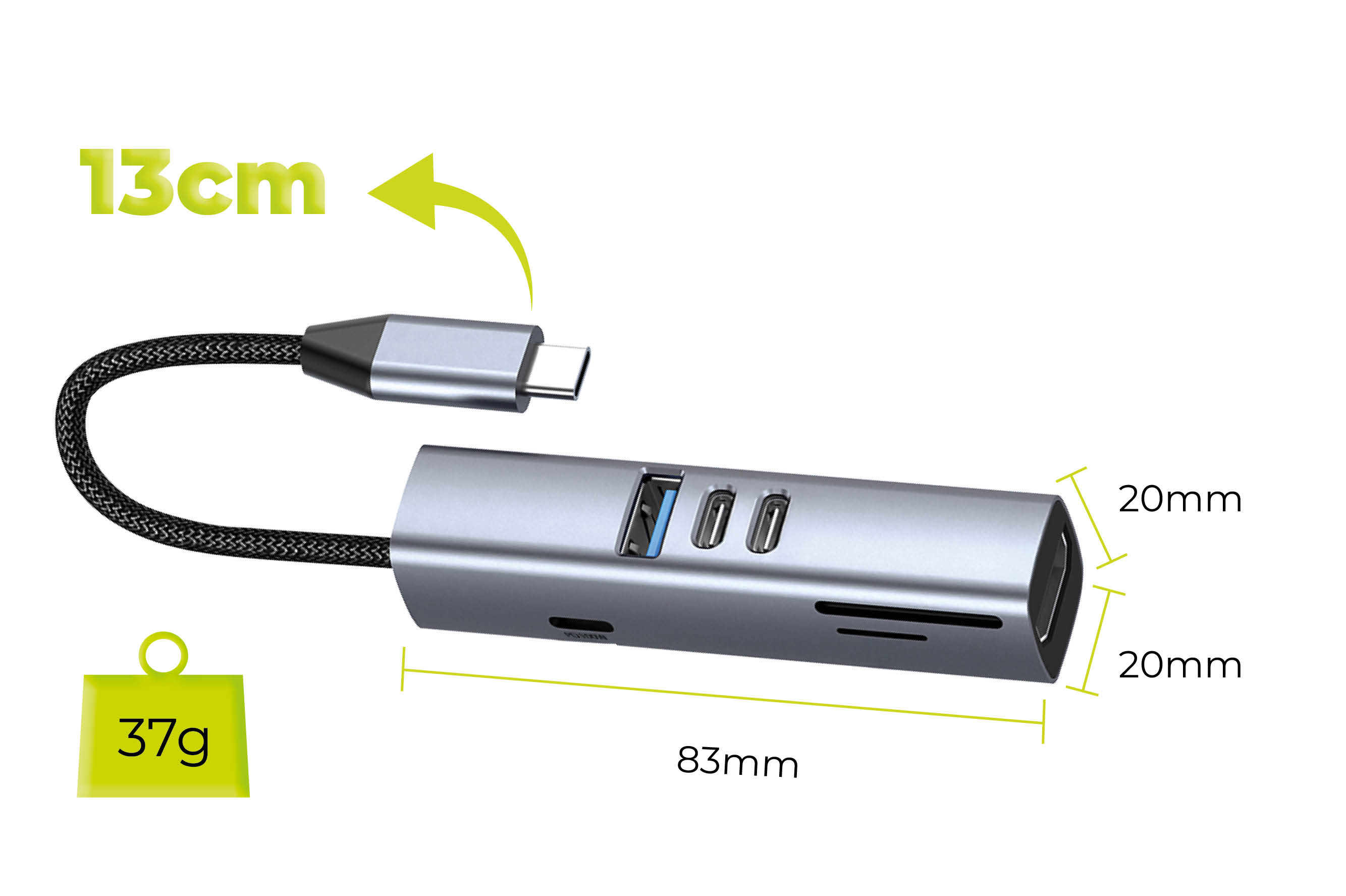 Mobile Origin 7in1 daugiafunkcis šakotuvas HB2 – 3x USB-C, USB-A, HDMI, TF/SD kortelės, USB-C laidas aprašymas - Prekės nuotrauka