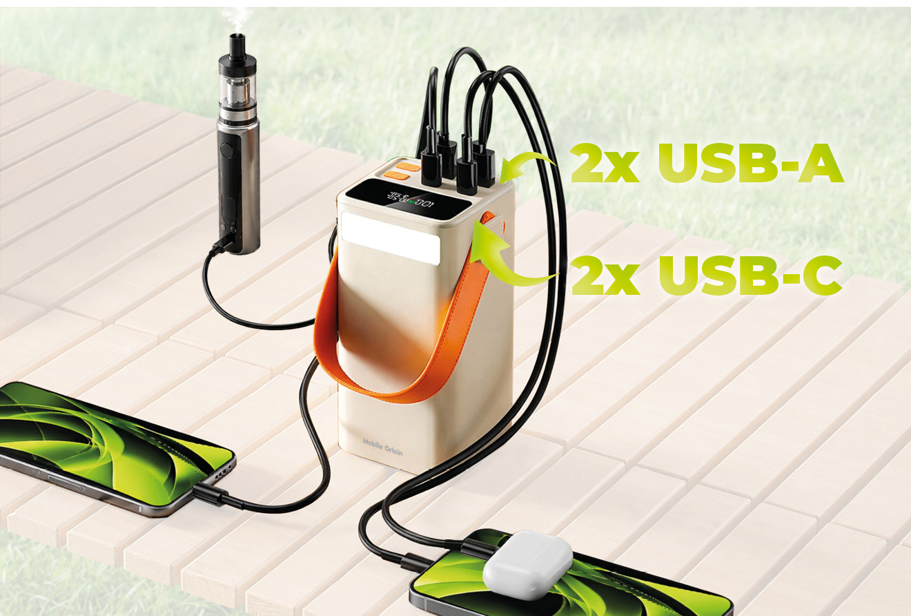 Mobile Origin PowerBank 65W PD 50000mAh su LCD ekranu ir žibintuvėliu PB18 – 2x USB-C + 2x USB-A aprašymas - Prekės nuotrauka