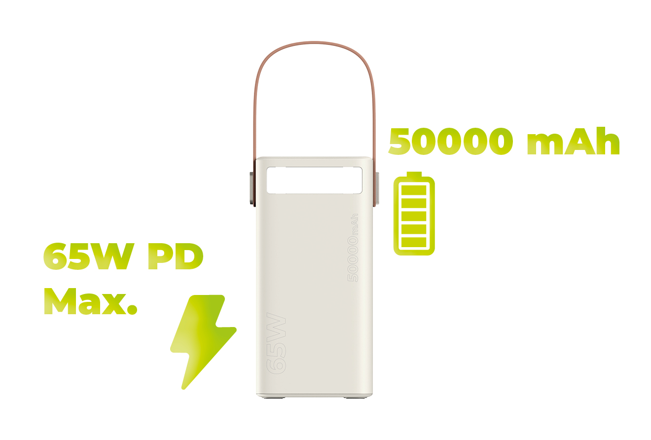 Mobile Origin PowerBank 65W PD 50000mAh su LCD ekranu ir žibintuvėliu PB18 – 2x USB-C + 2x USB-A aprašymas - Prekės nuotrauka