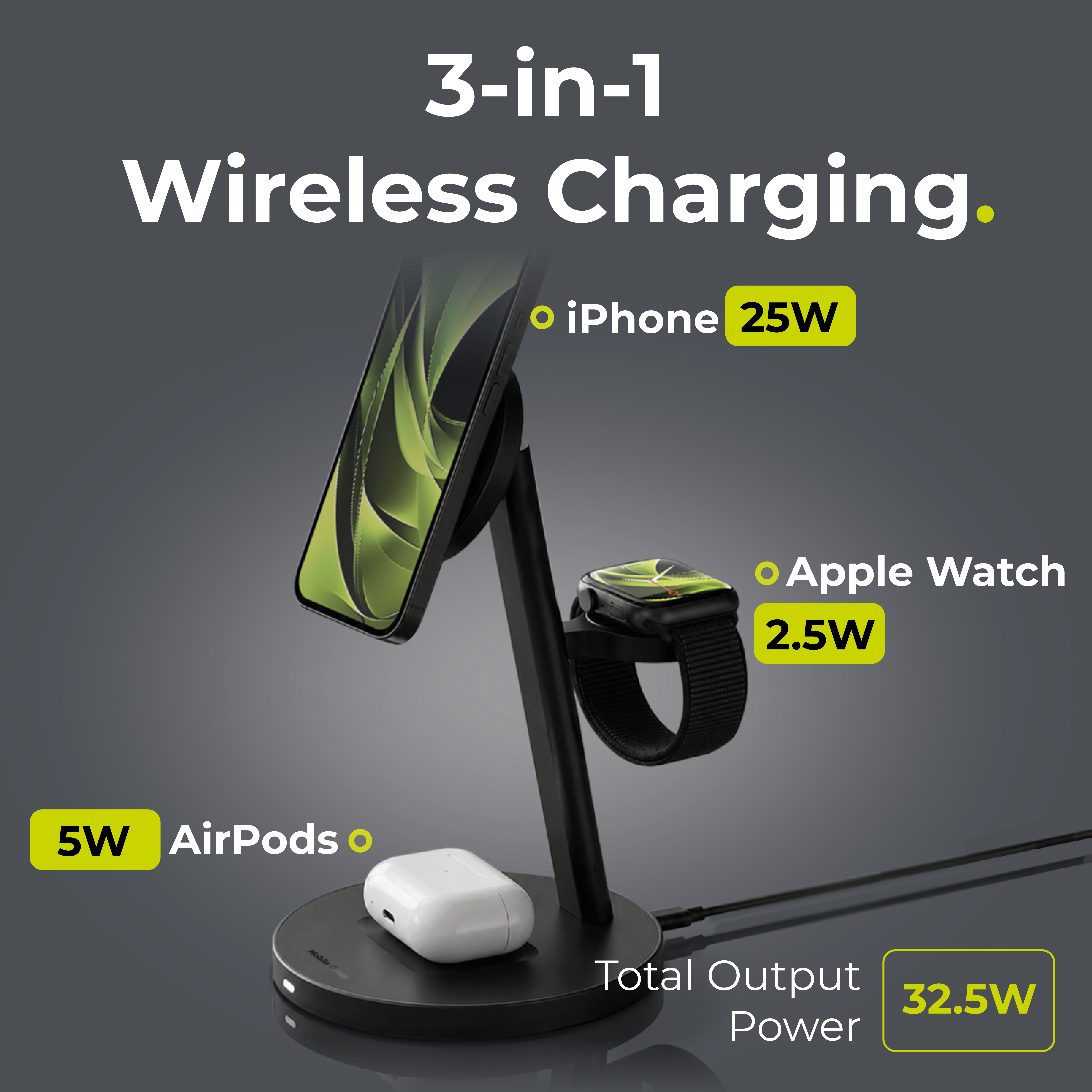 Mobile Origin Qi2 25W PowerStand Pro 3in1 su 40-60W AVS GaN įkrovikliu PW40 juodas aprašymas - Prekės nuotrauka